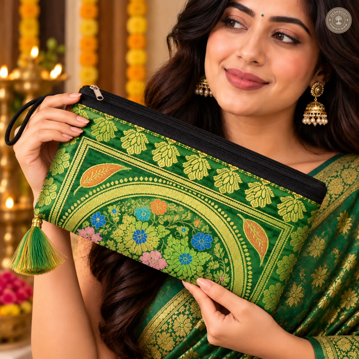 Green Banarasi Silk Brocade Embroidered Purse for Women