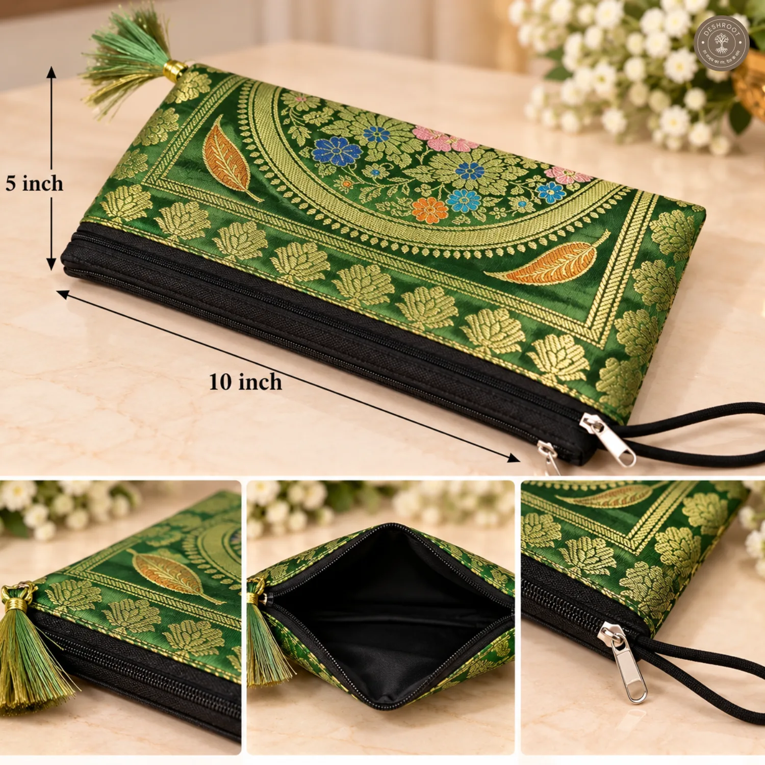 Green Banarasi Silk Brocade Embroidered Purse for Women