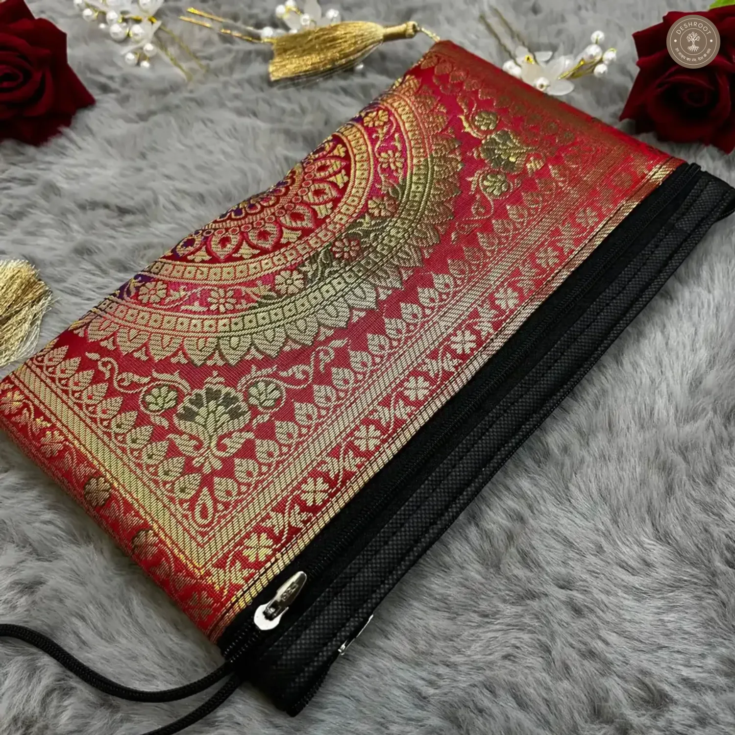 Dark Red Banarasi Silk Brocade Purse for Women