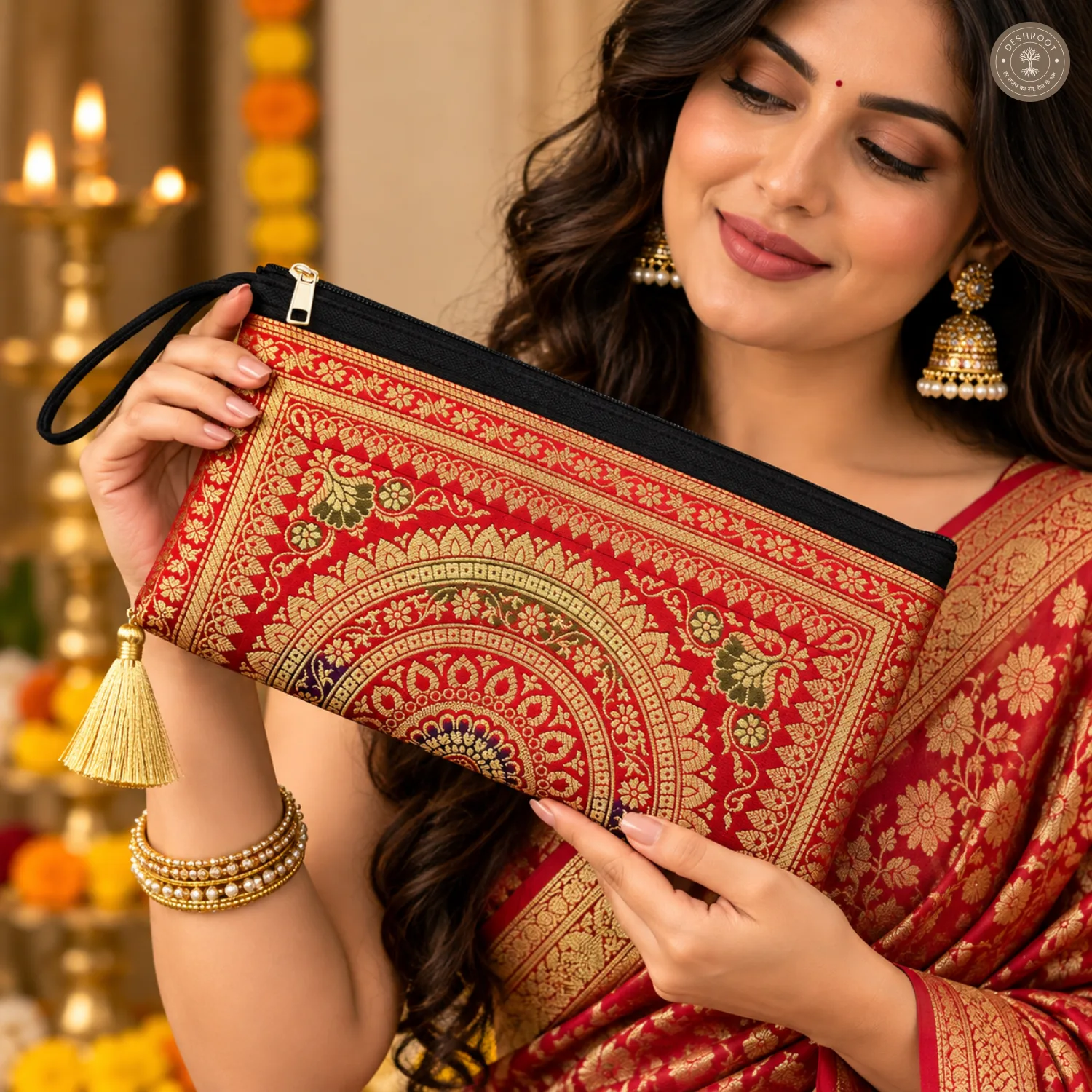Dark Red Banarasi Silk Brocade Purse for Women