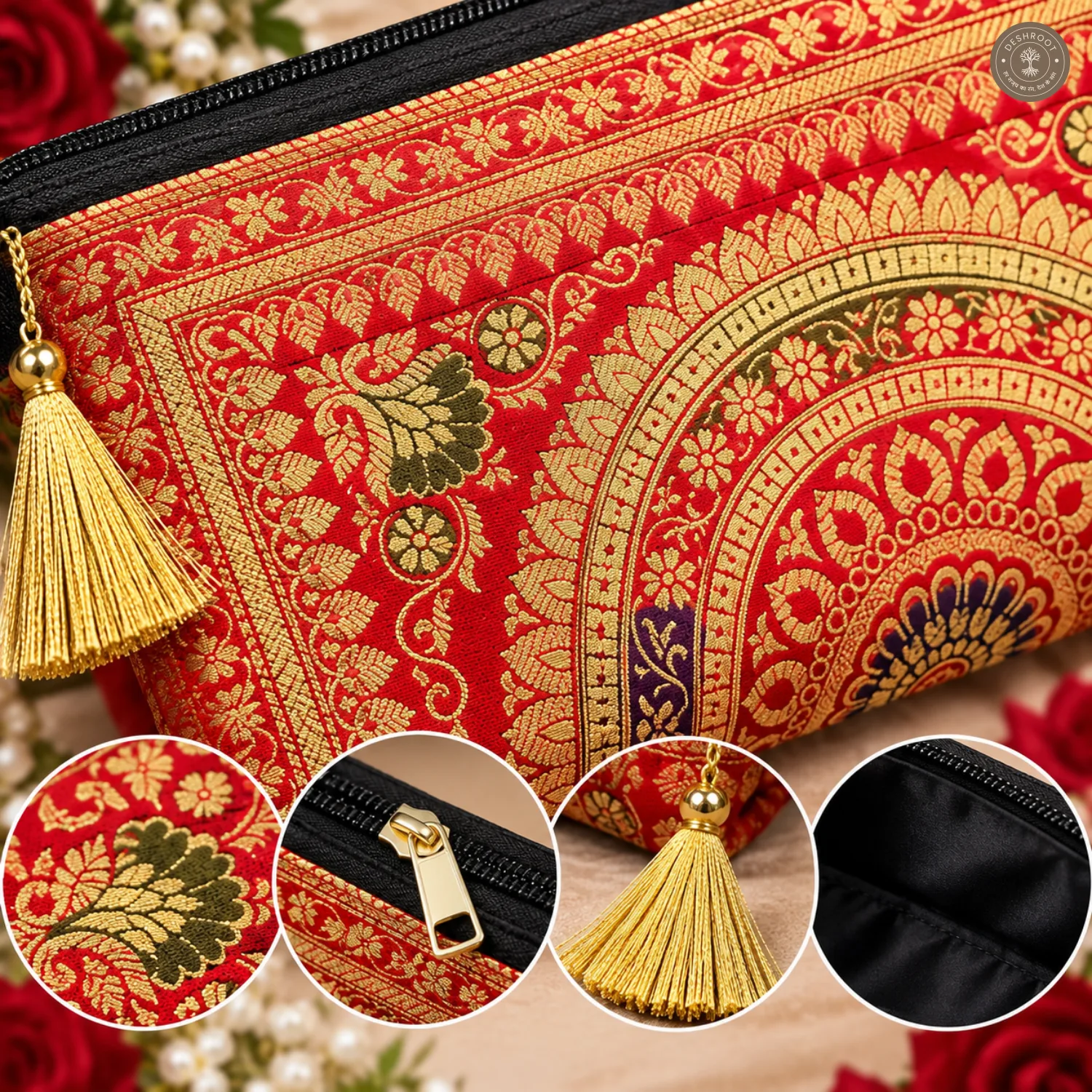 Dark Red Banarasi Silk Brocade Purse for Women