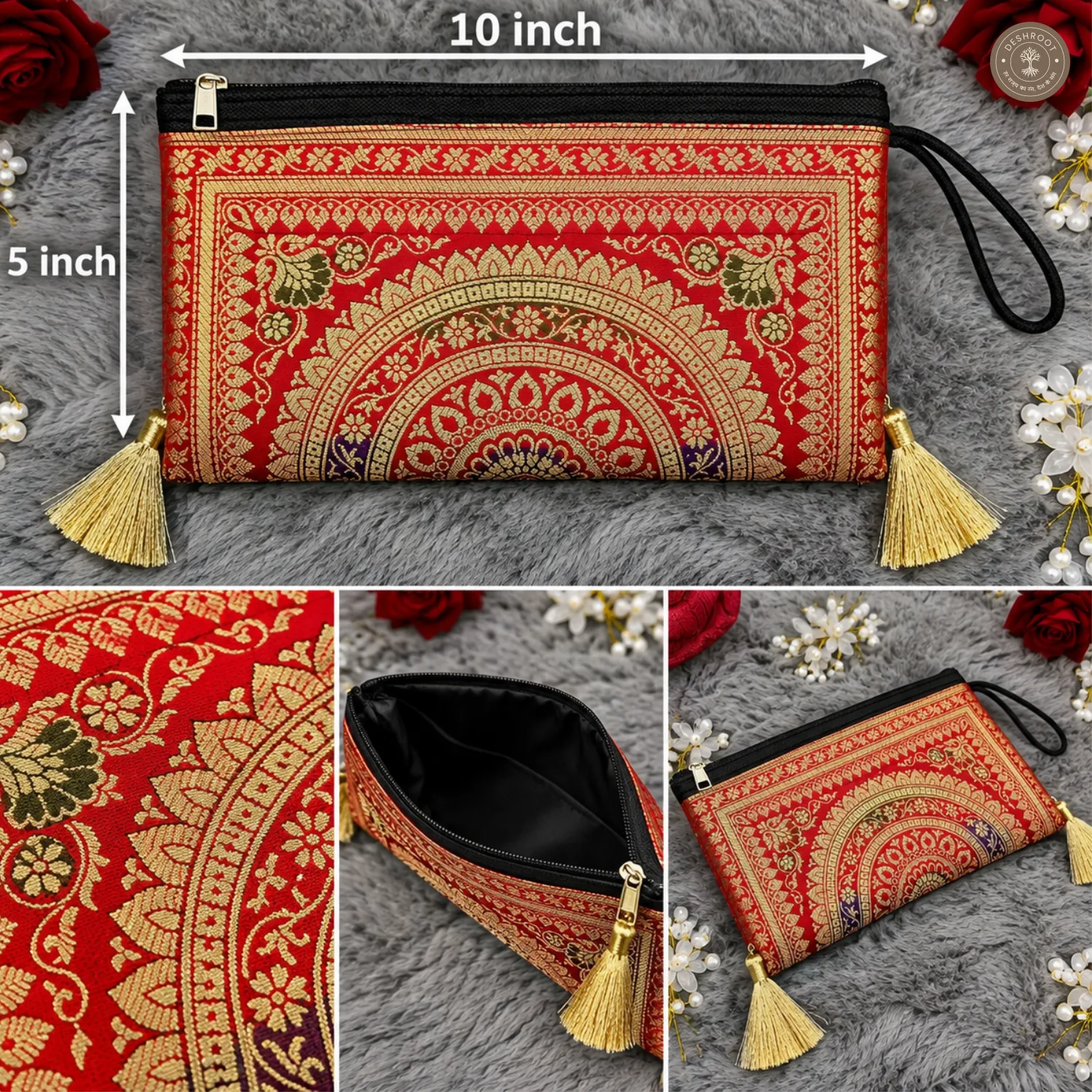 Dark Red Banarasi Silk Brocade Purse for Women