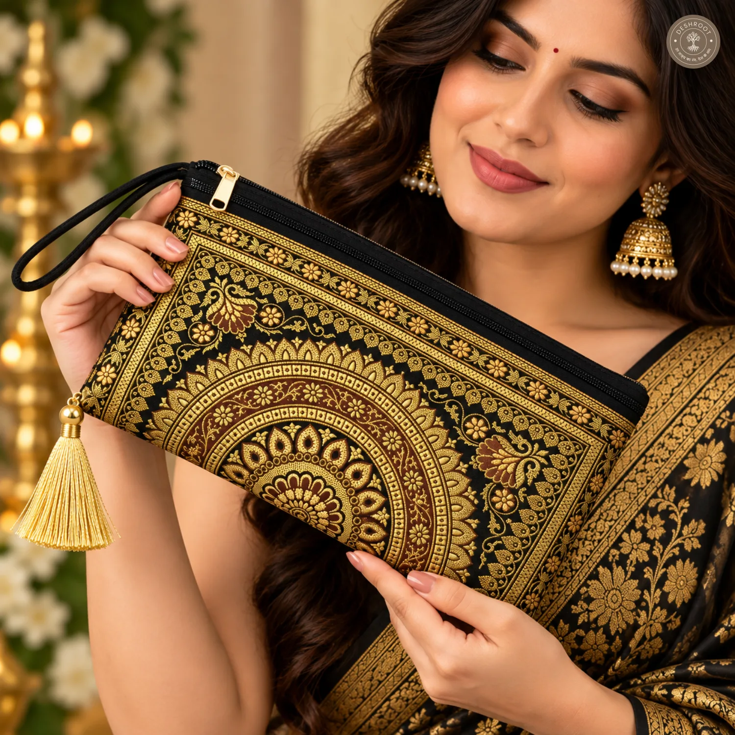 Black Banarasi Silk Brocade Purse for Women