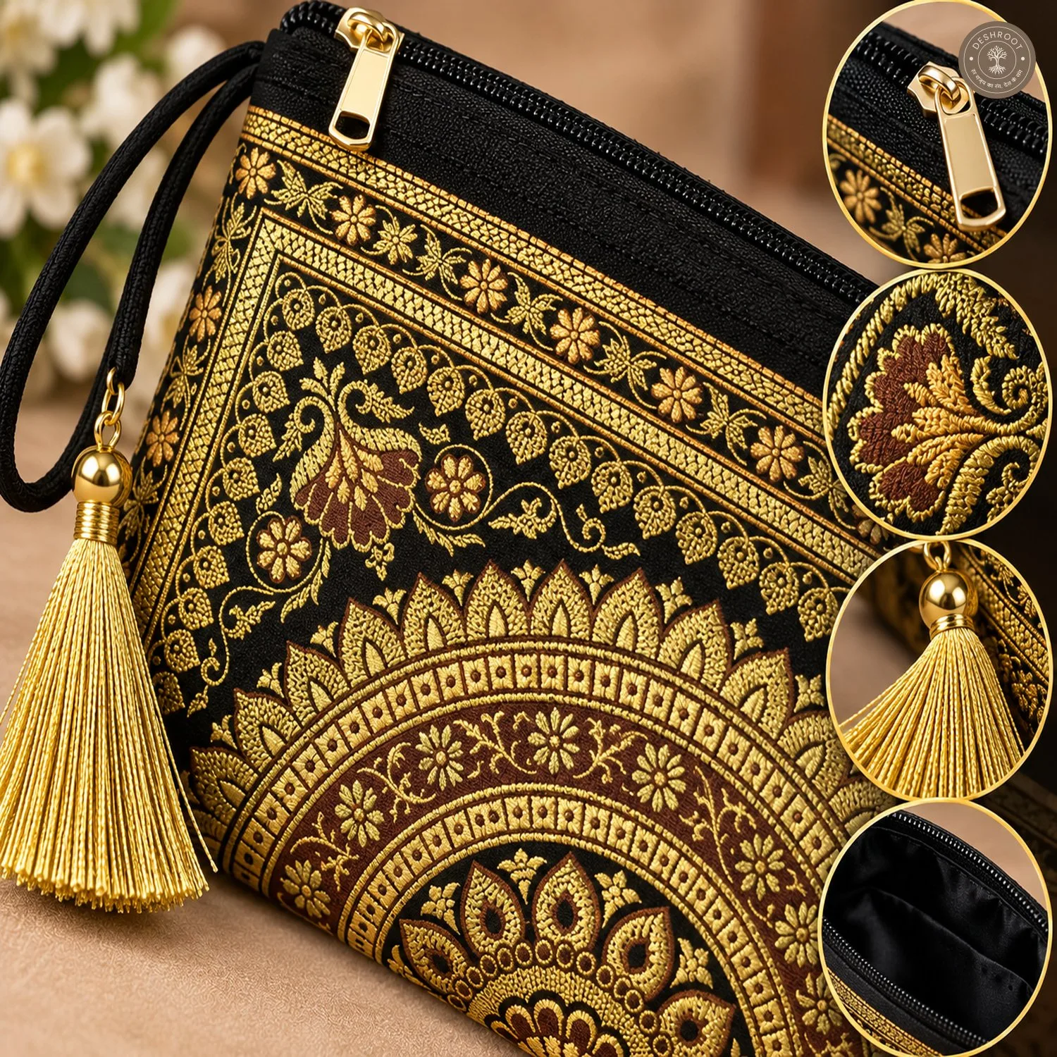 Black Banarasi Silk Brocade Purse for Women