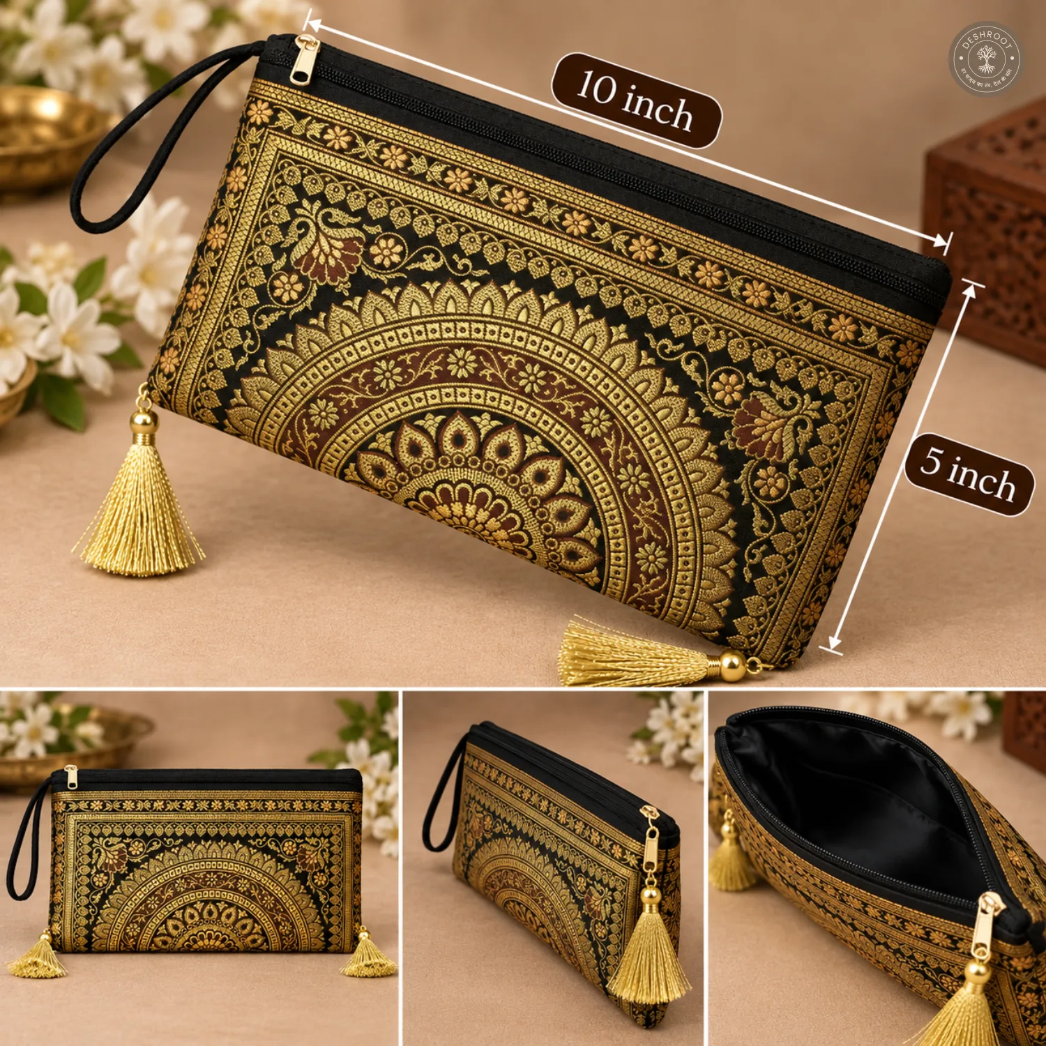 Black Banarasi Silk Brocade Purse for Women
