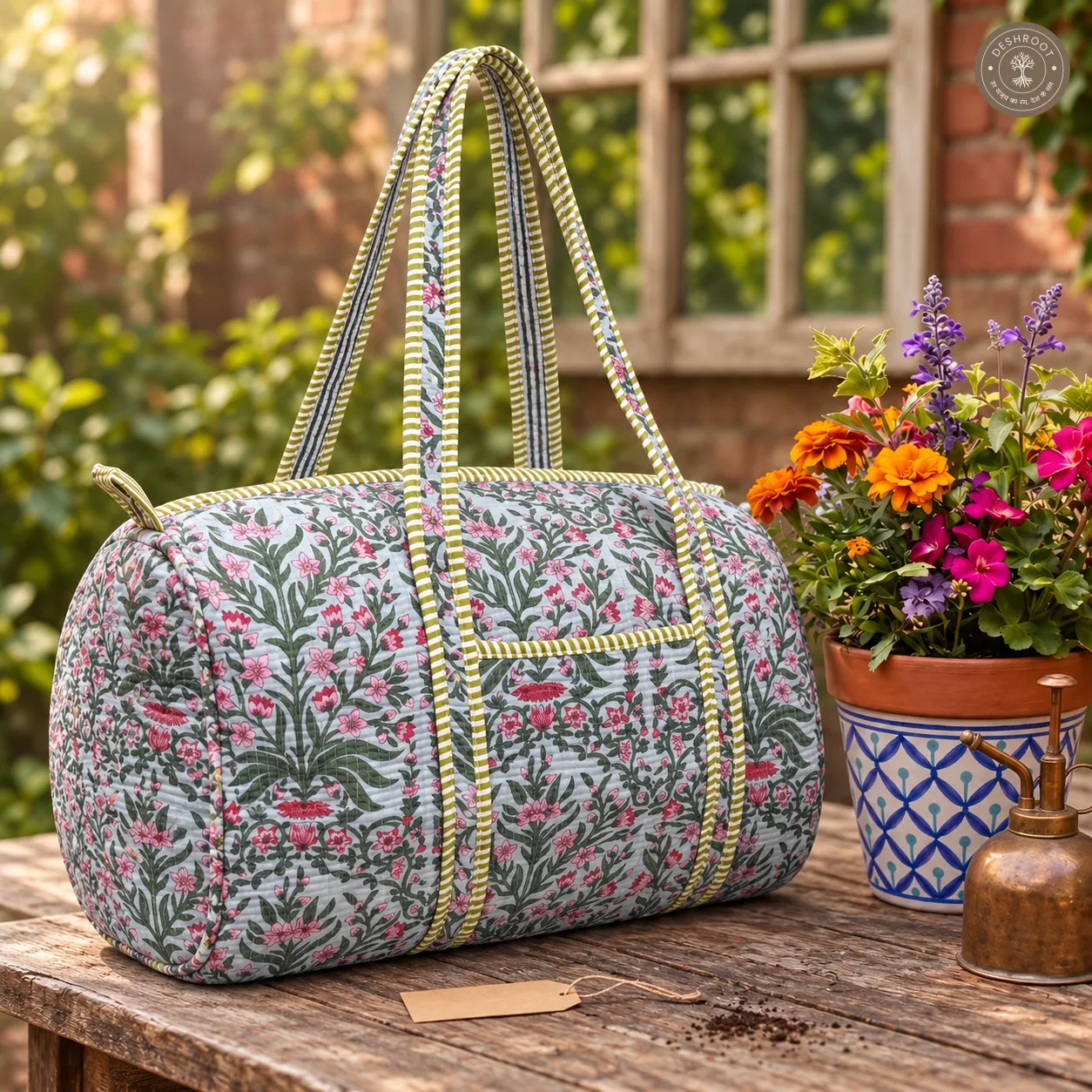 Handcrafted Quilted Sage Green Floral Cotton Duffel Bag