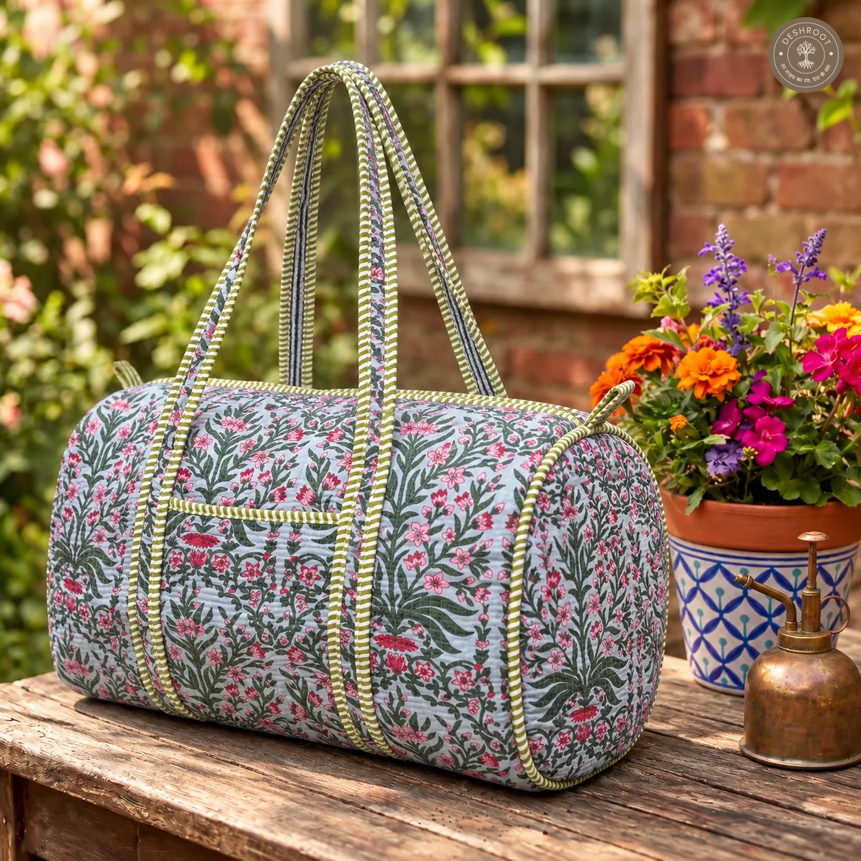 Handcrafted Quilted Sage Green Floral Cotton Duffel Bag