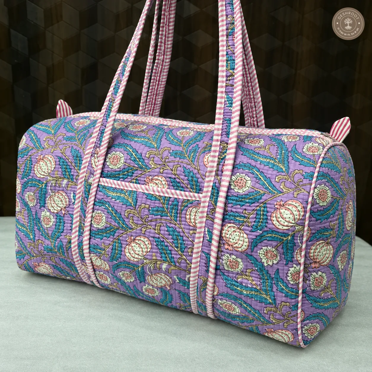 Handcrafted Quilted Lavender Floral Cotton Duffel Bag