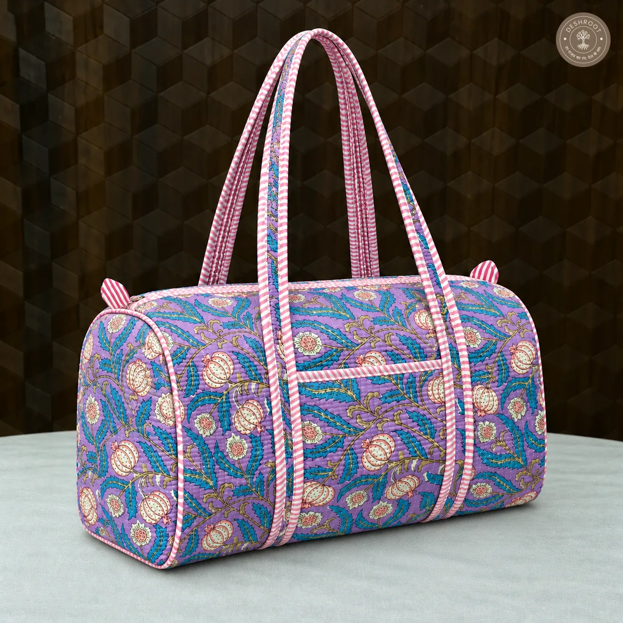 Handcrafted Quilted Lavender Floral Cotton Duffel Bag