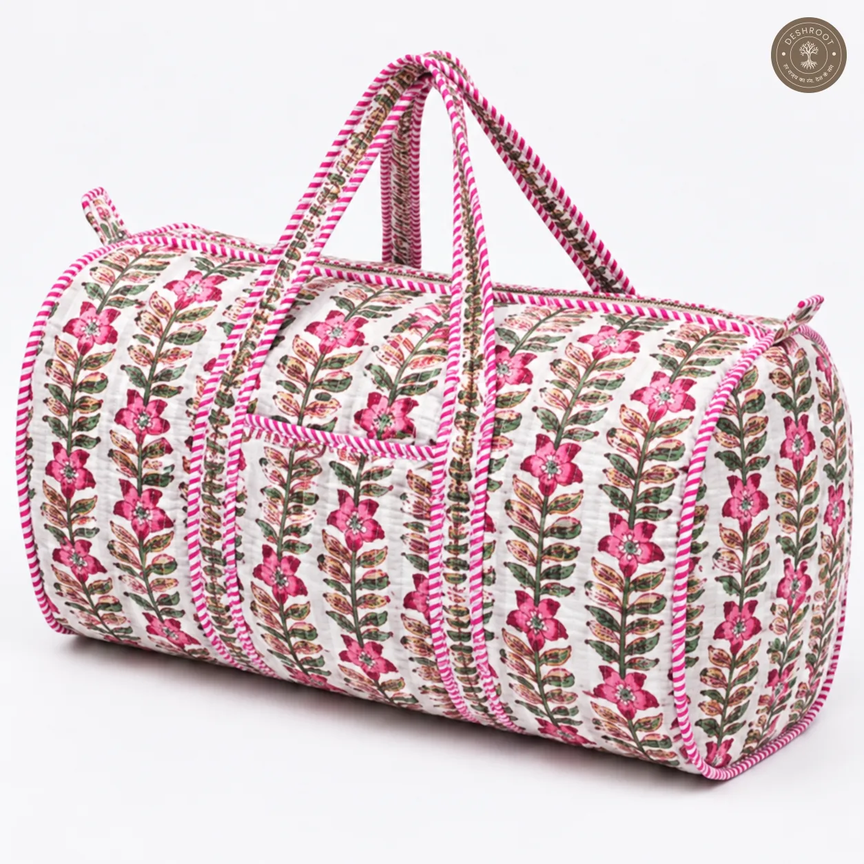 Handcrafted Quilted Pink Floral Block Print Cotton Duffel Bag