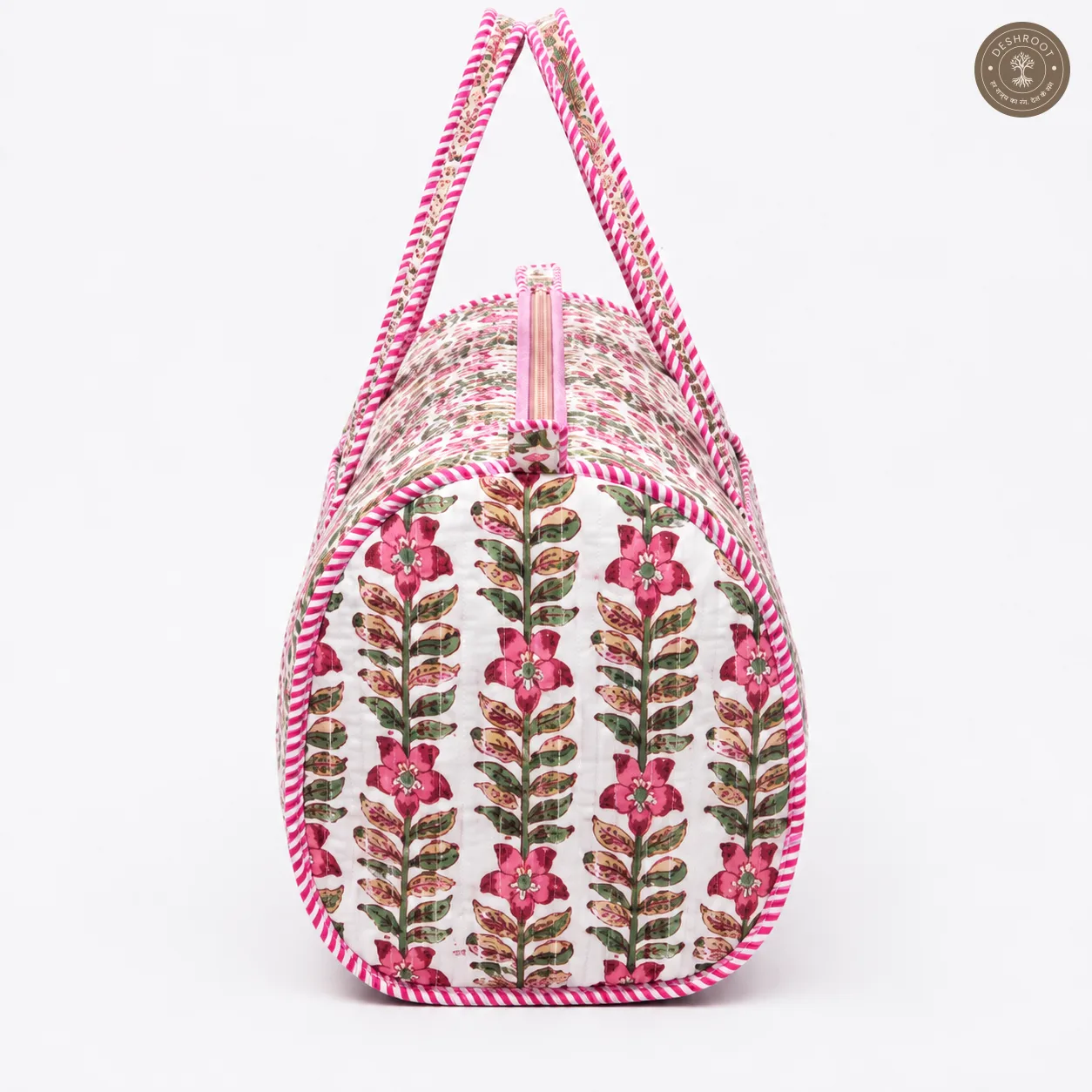 Handcrafted Quilted Pink Floral Block Print Cotton Duffel Bag