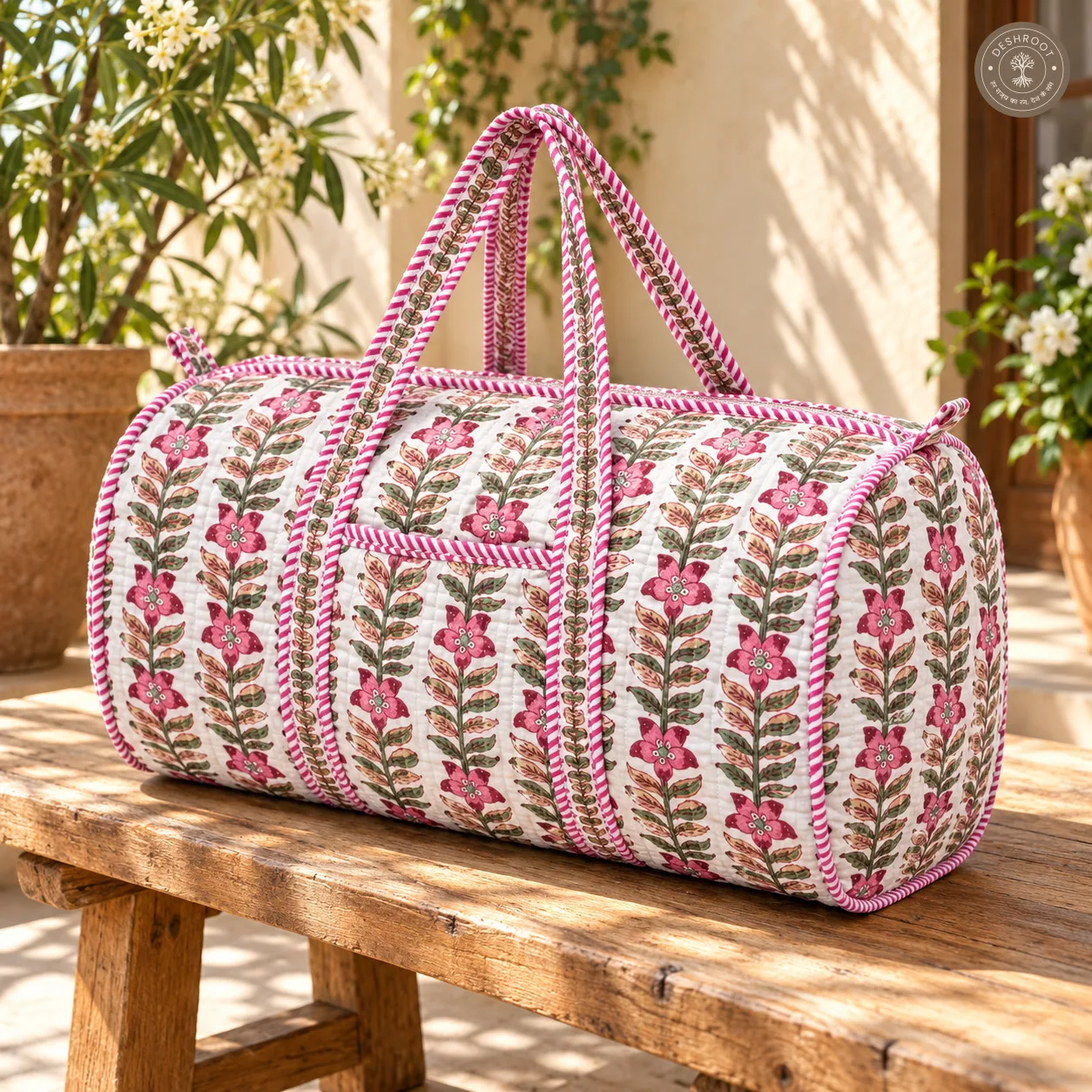 Handcrafted Quilted Pink Floral Block Print Cotton Duffel Bag