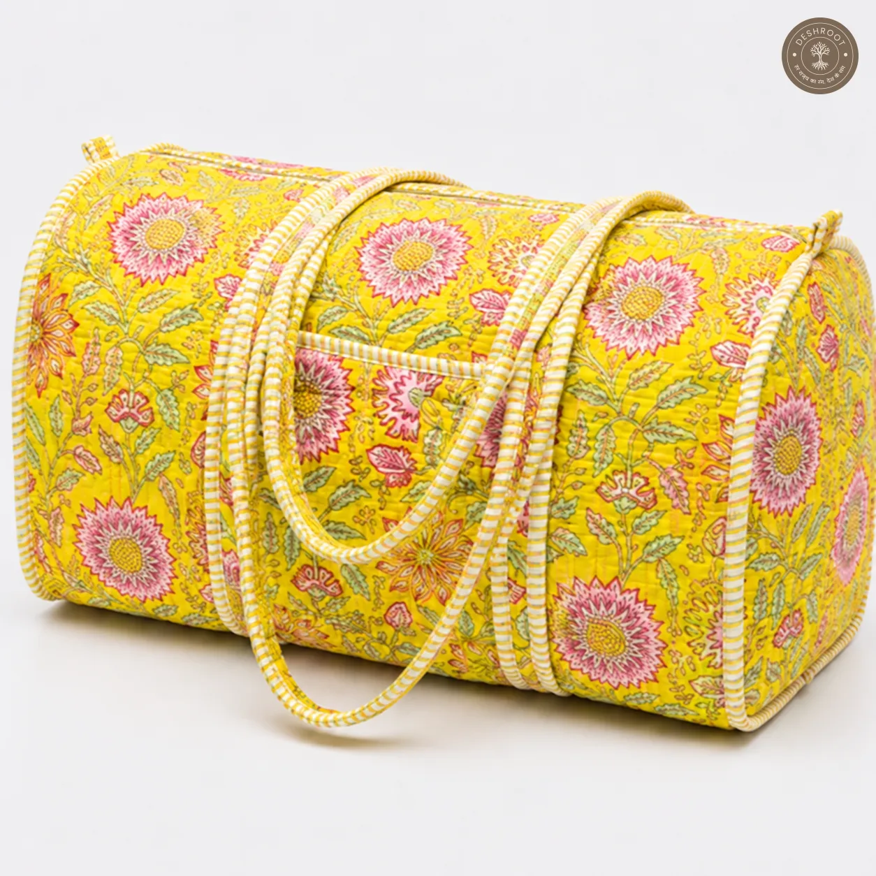 Handcrafted Quilted Yellow Floral Cotton Duffel Bag