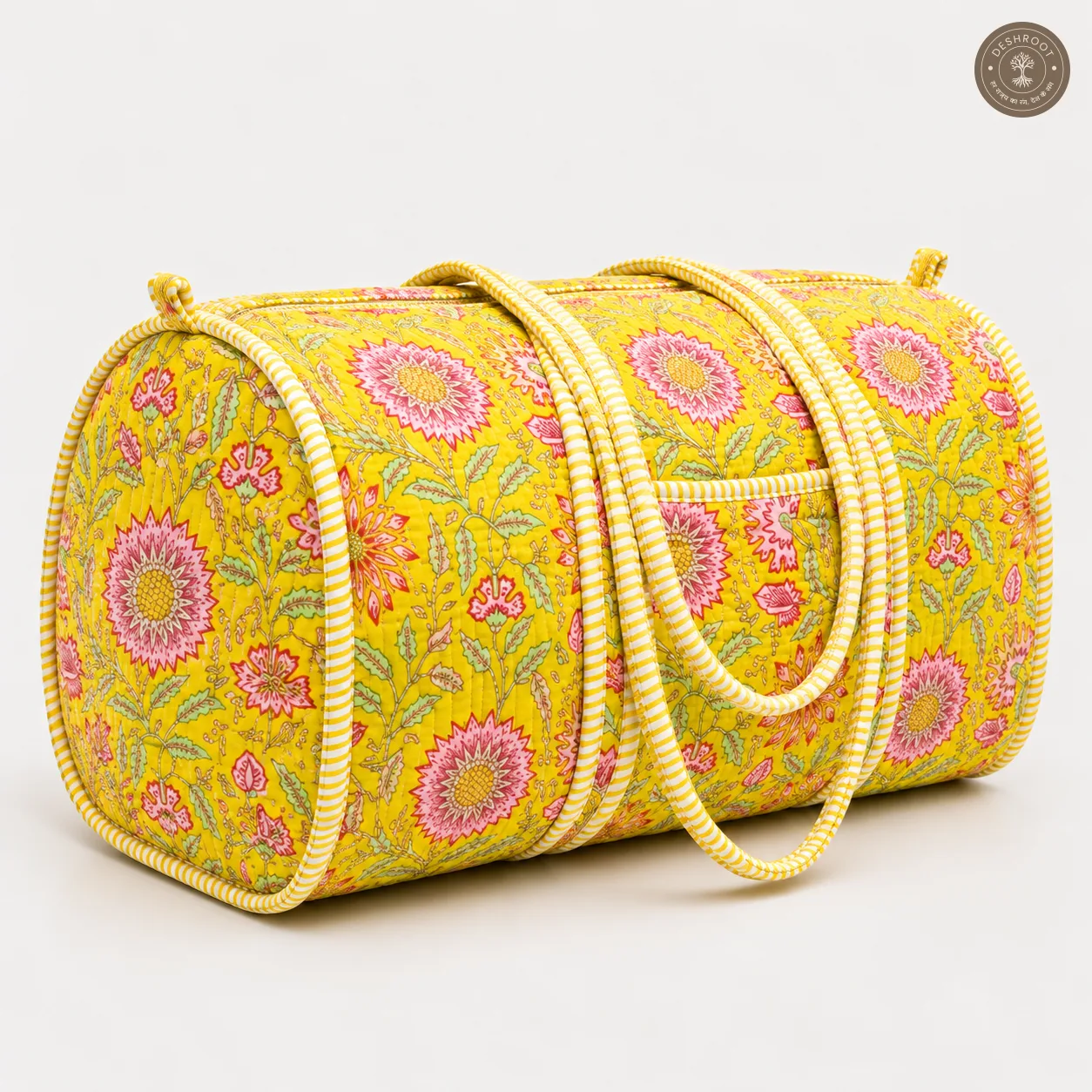 Handcrafted Quilted Yellow Floral Cotton Duffel Bag