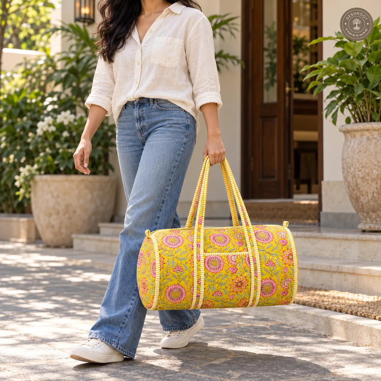 Handcrafted Quilted Yellow Floral Cotton Duffel Bag