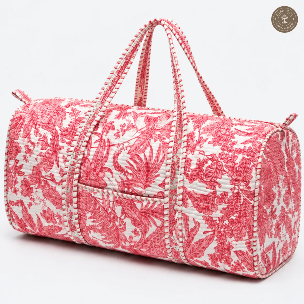 Handcrafted Quilted Coral Tropical Cotton Duffel Bag