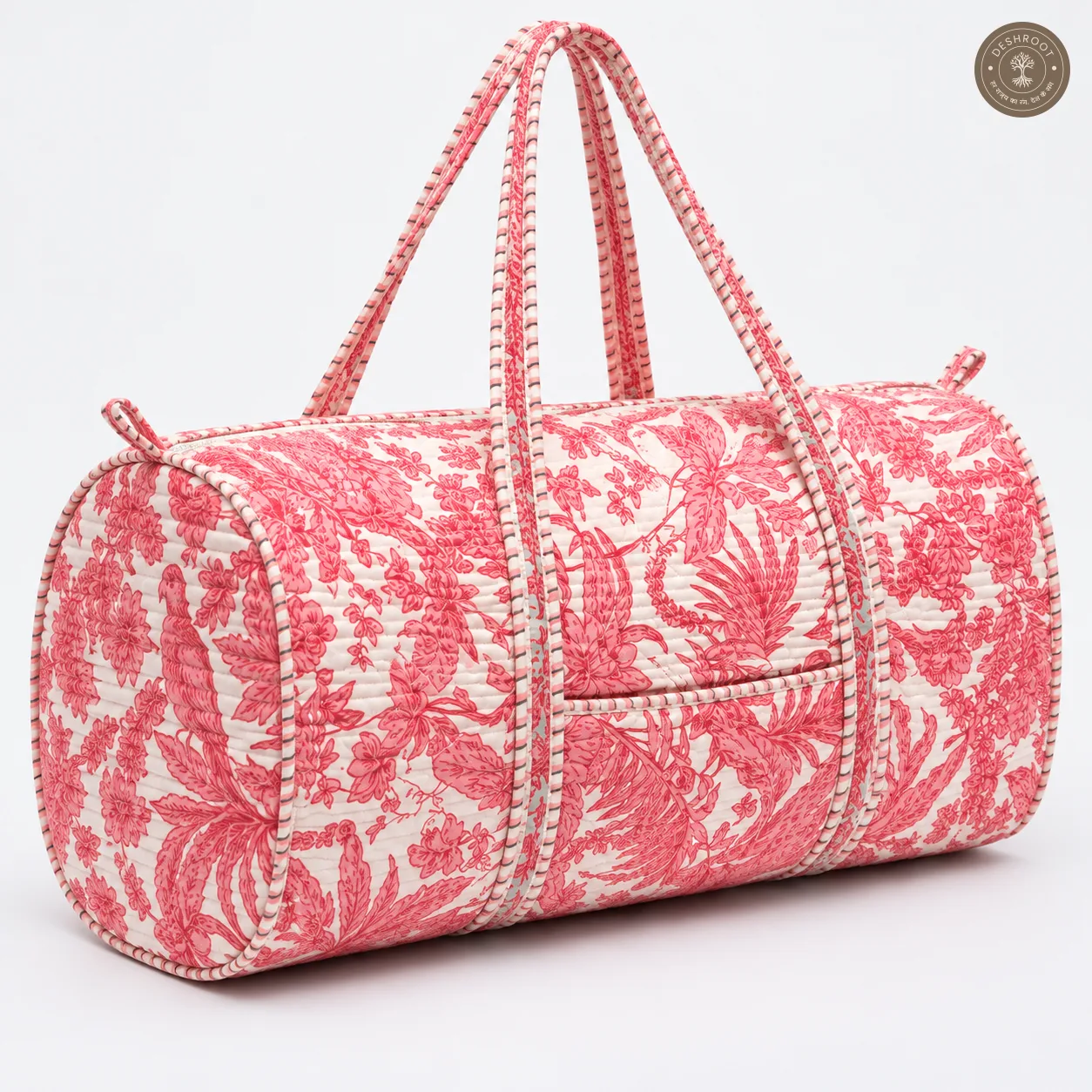 Handcrafted Quilted Coral Tropical Cotton Duffel Bag