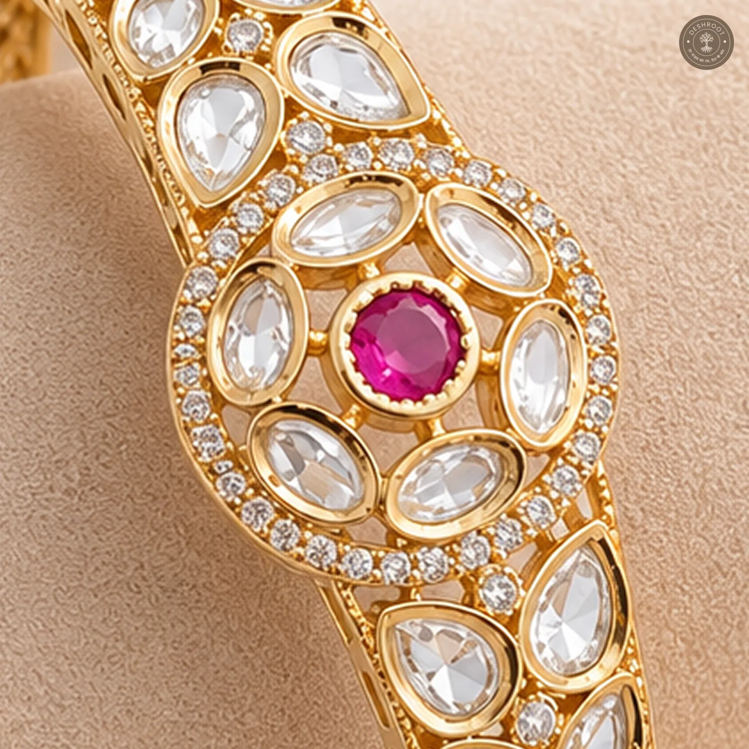 Pink Stone Floral Medallion Gold-Tone Kada Bracelet