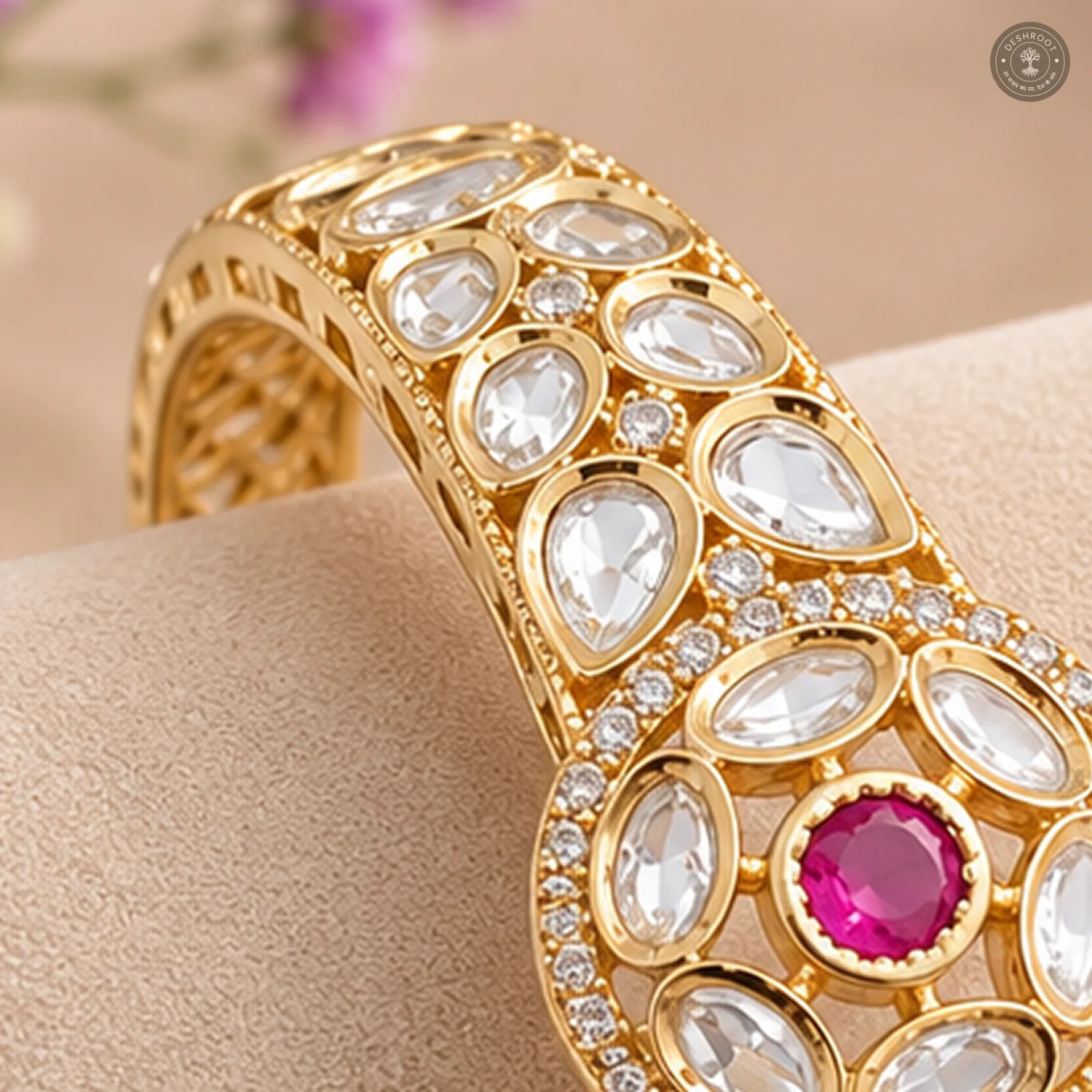 Pink Stone Floral Medallion Gold-Tone Kada Bracelet