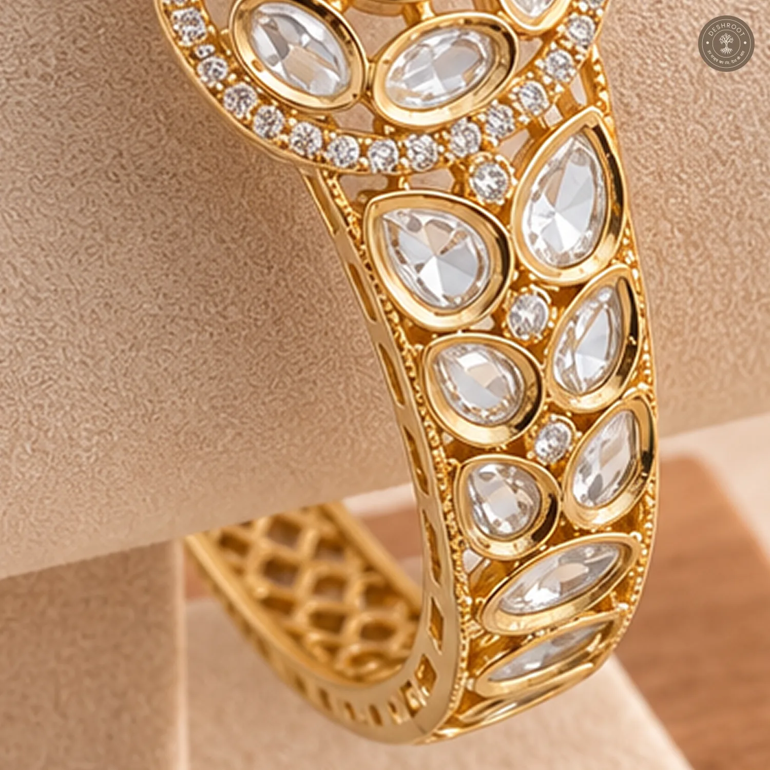 Pink Stone Floral Medallion Gold-Tone Kada Bracelet