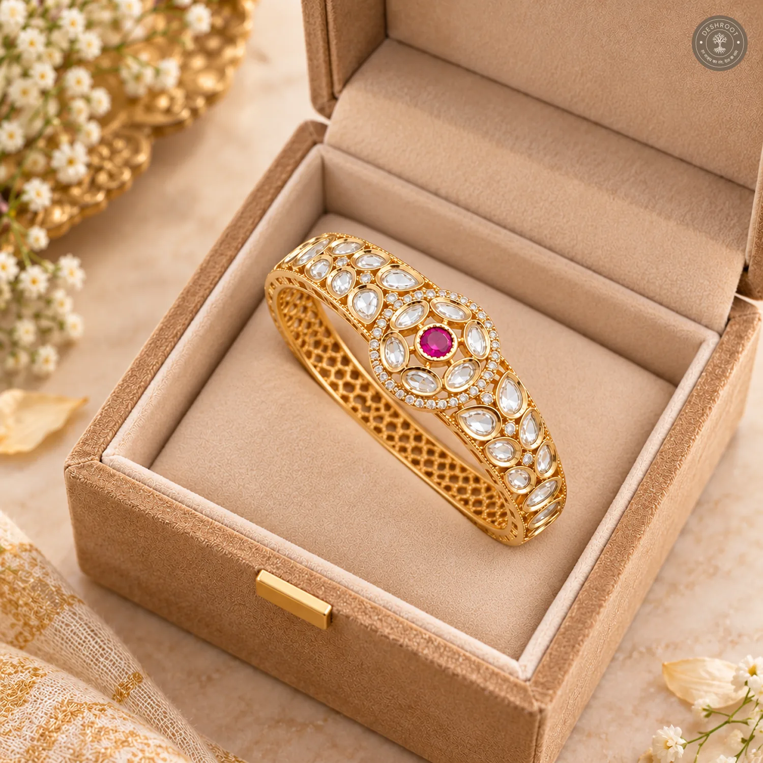 Pink Stone Floral Medallion Gold-Tone Kada Bracelet