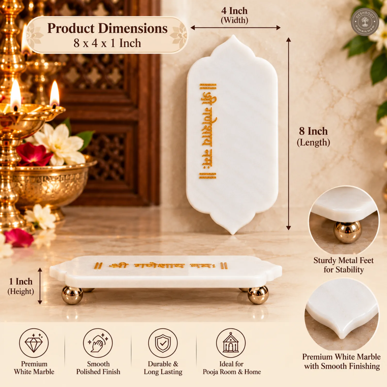 Premium White Marble Pooja Chauki with Shri Ganeshay Namah Gold Engraving