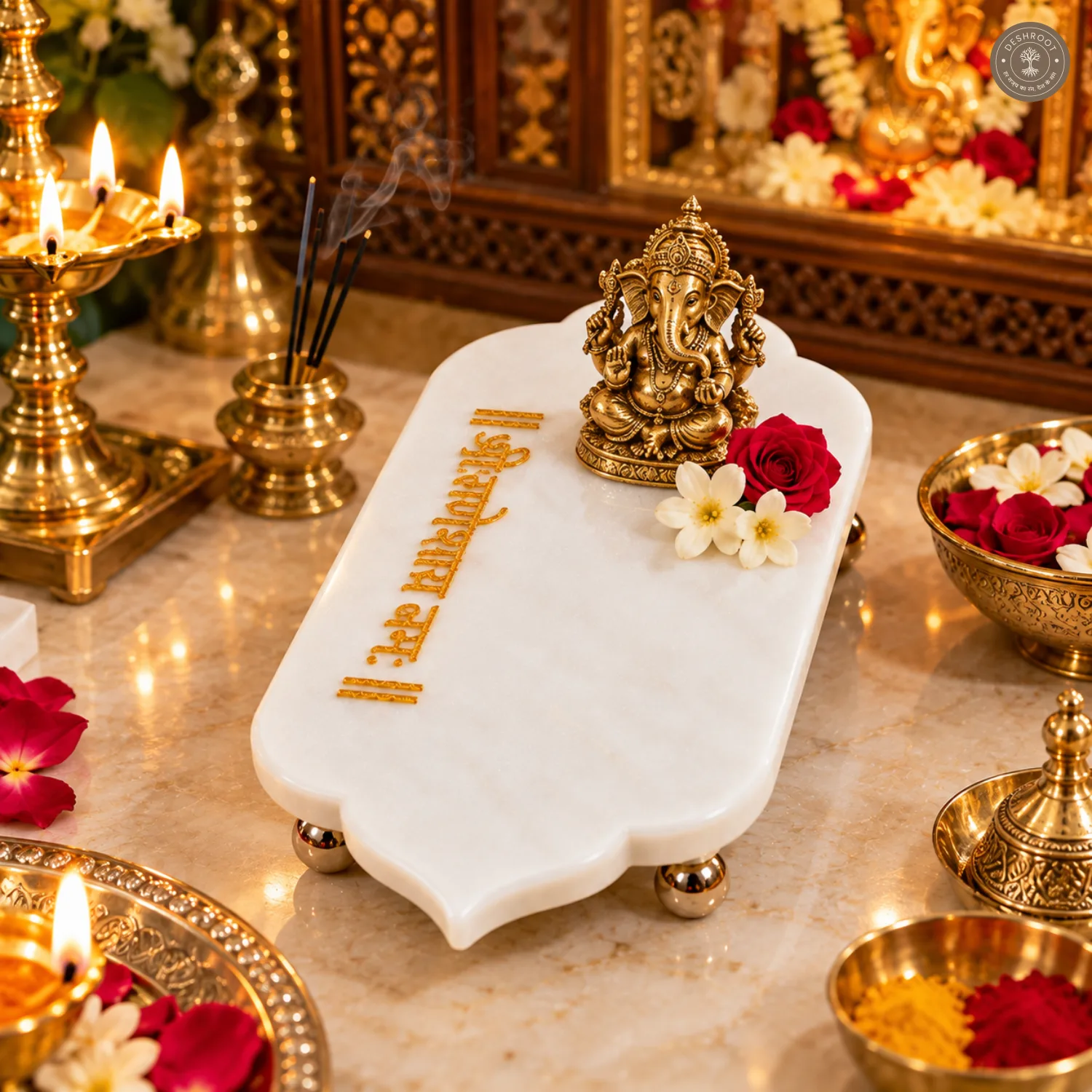 Premium White Marble Pooja Chauki with Shri Ganeshay Namah Gold Engraving