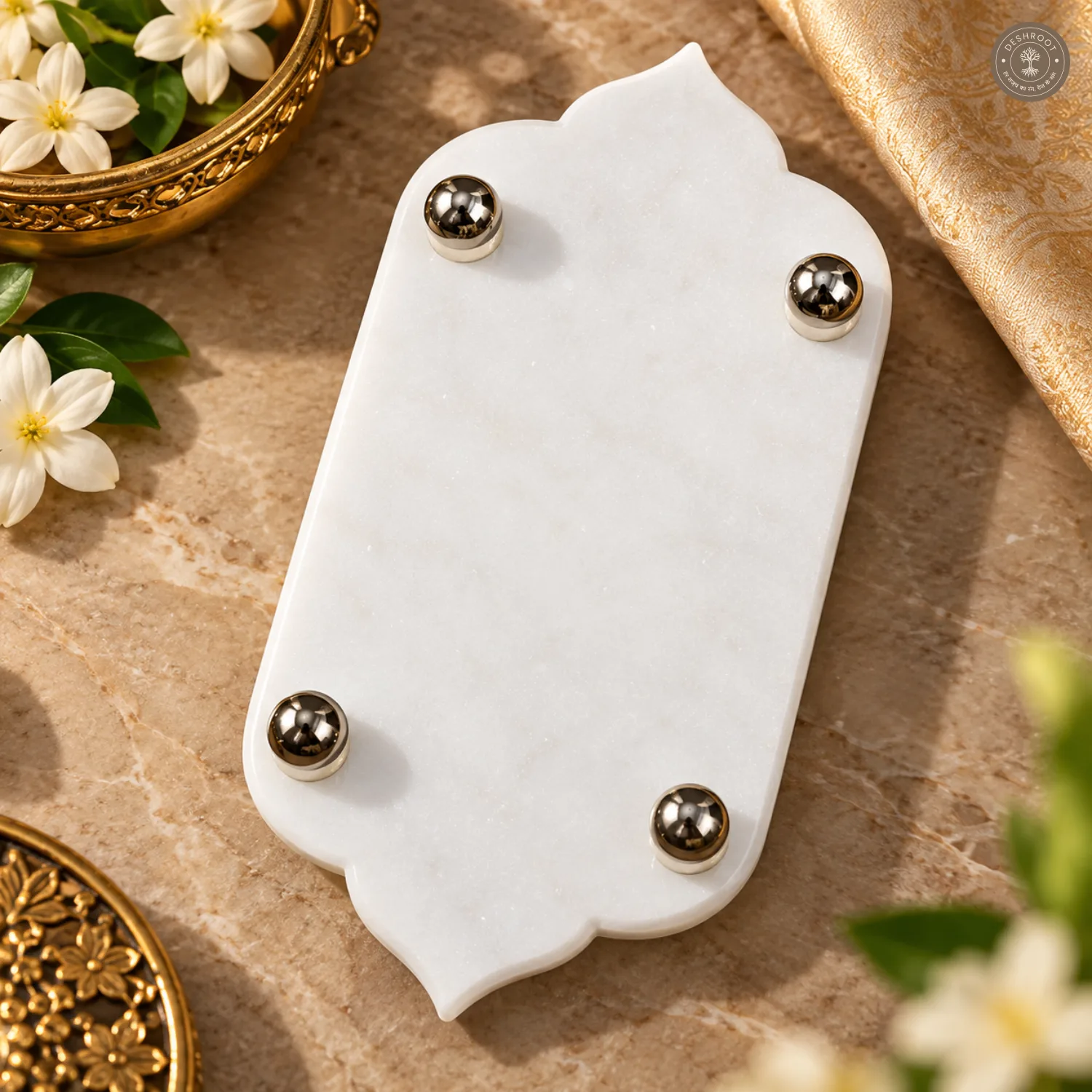 Premium White Marble Pooja Chauki with Shri Ganeshay Namah Gold Engraving