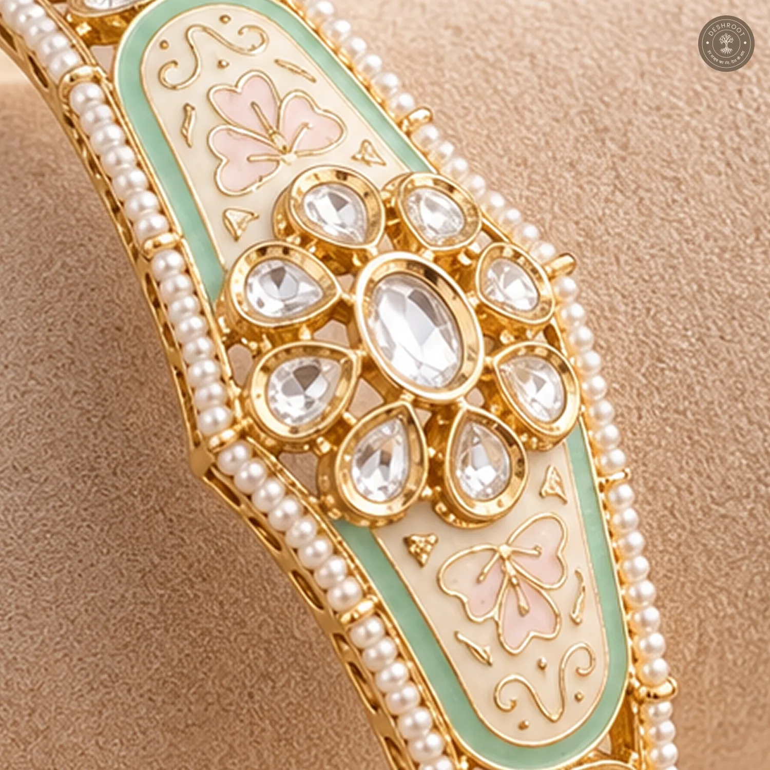 Mint Meenakari Pearl Border Gold-Tone Kada Bracelet