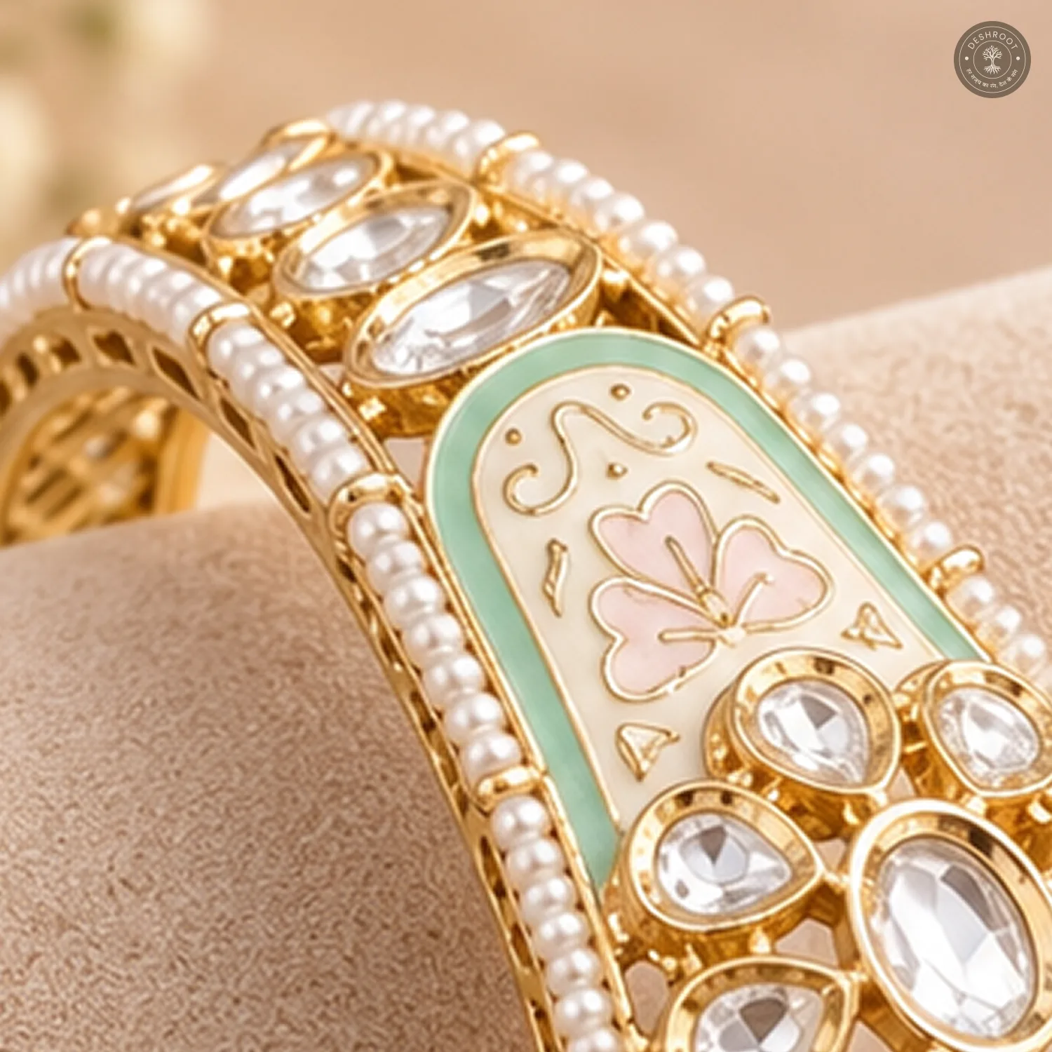 Mint Meenakari Pearl Border Gold-Tone Kada Bracelet