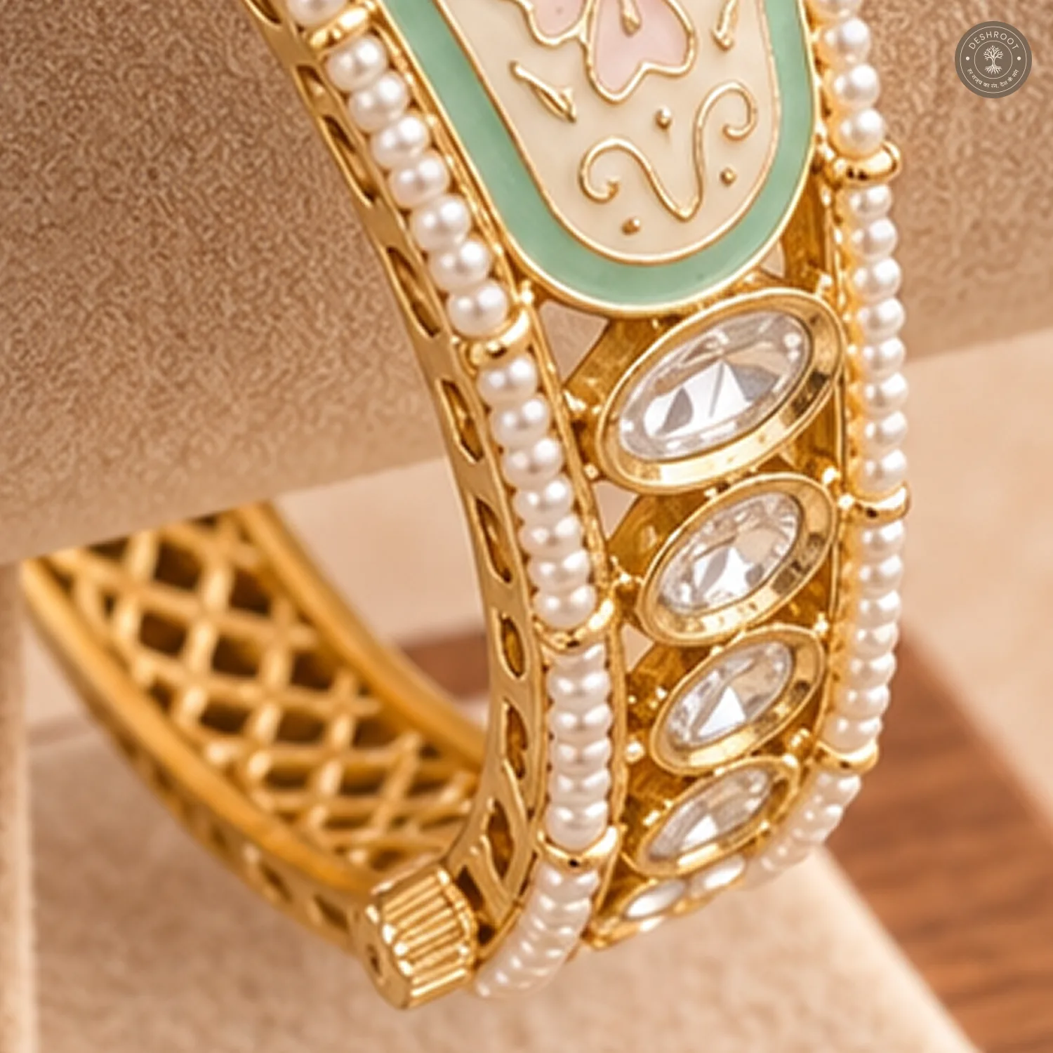 Mint Meenakari Pearl Border Gold-Tone Kada Bracelet