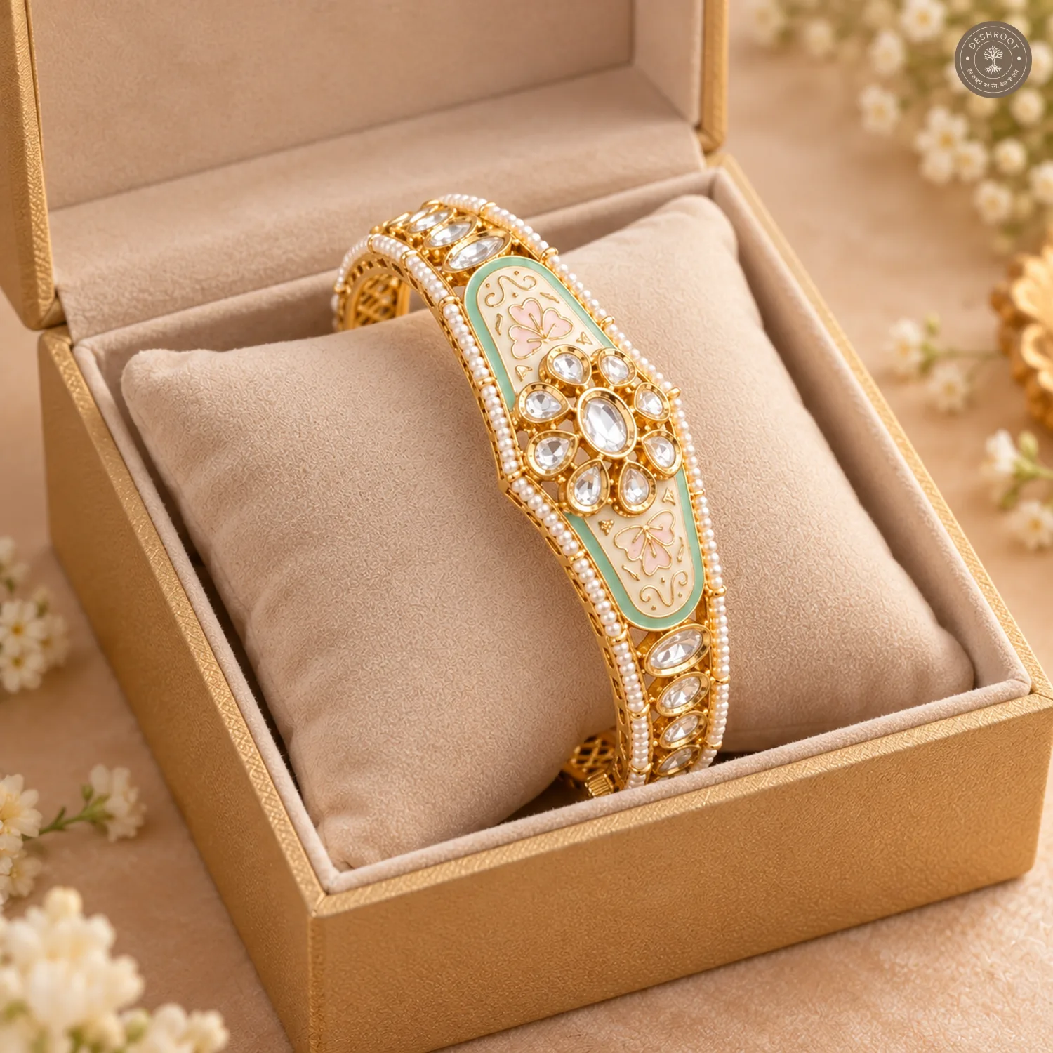 Mint Meenakari Pearl Border Gold-Tone Kada Bracelet