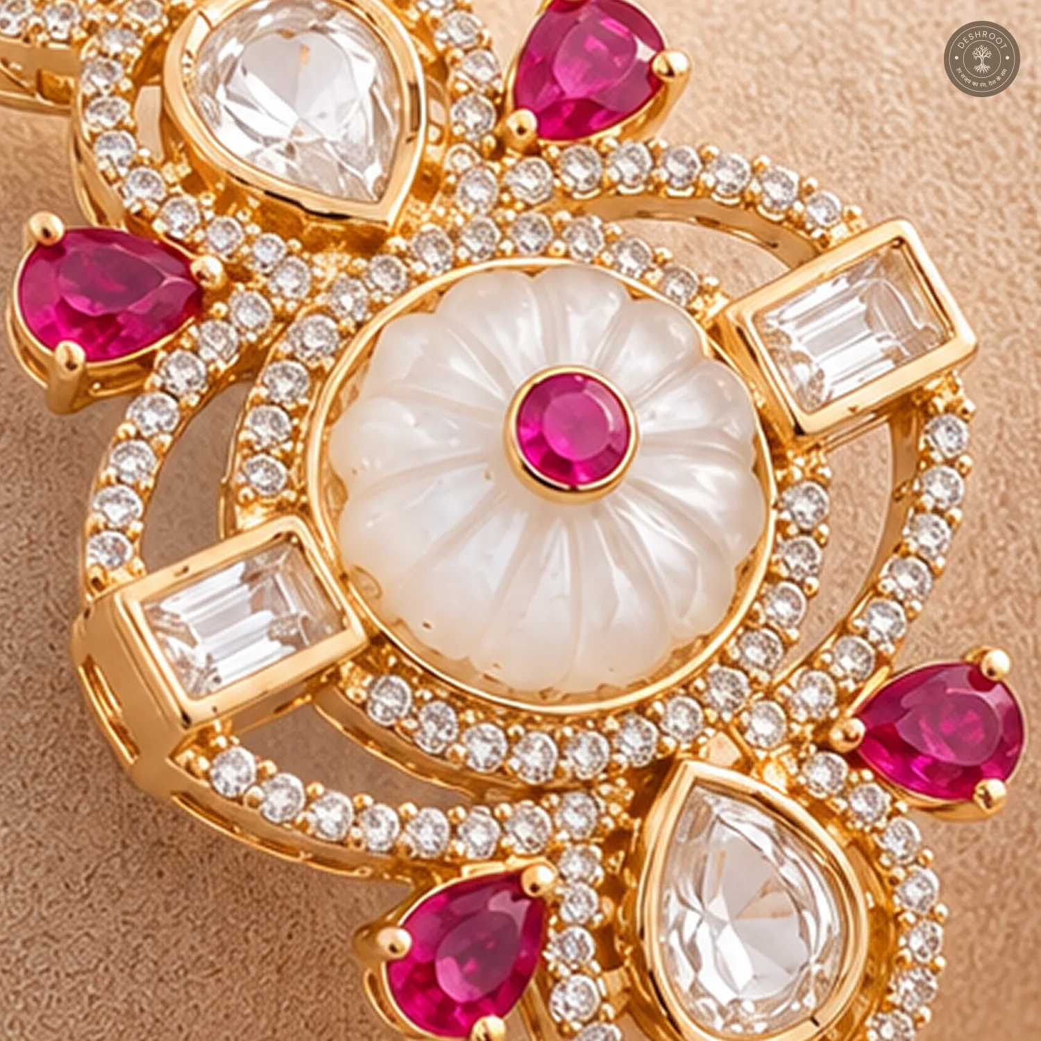 Carved White Floral Pink Pear Stone Gold-Tone Kada Bracelet