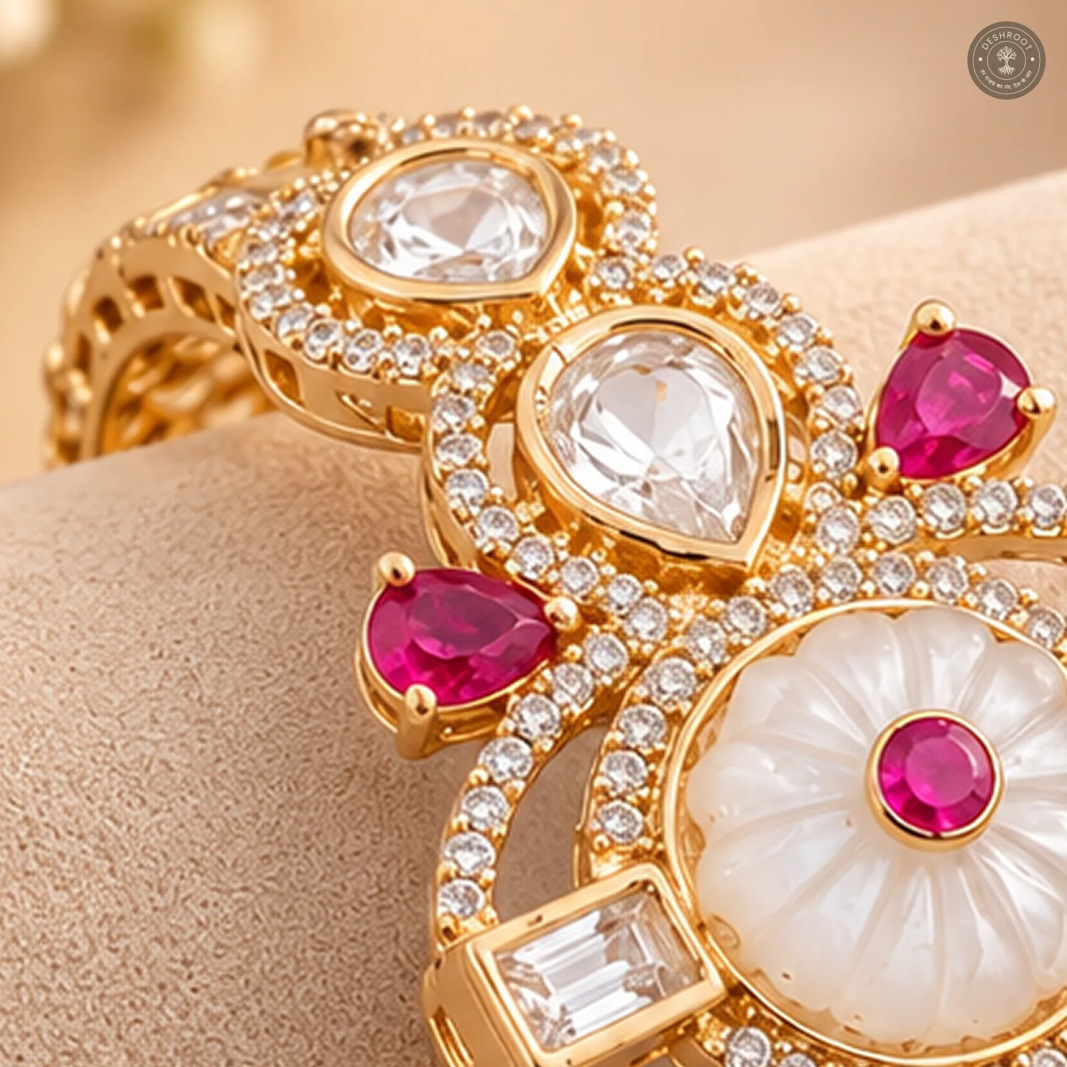 Carved White Floral Pink Pear Stone Gold-Tone Kada Bracelet