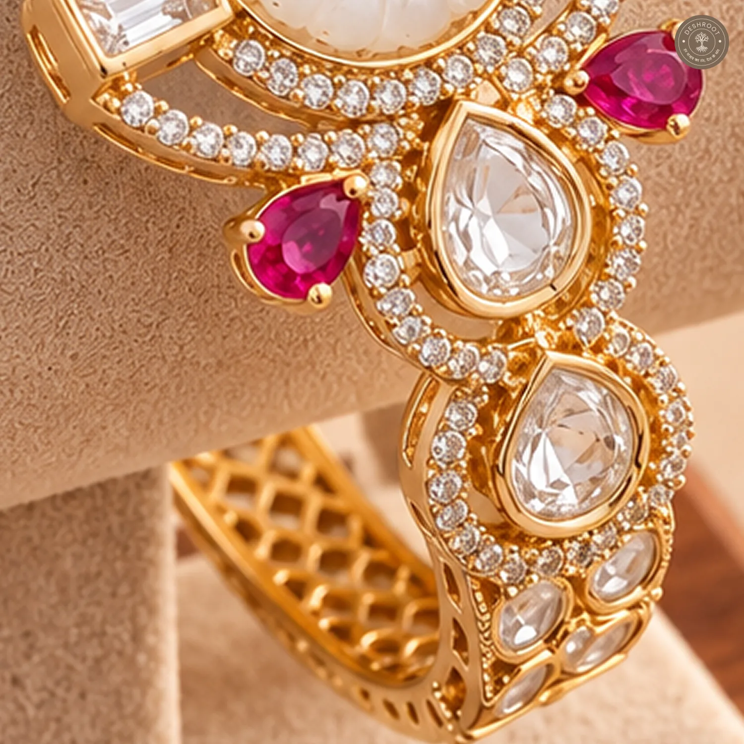Carved White Floral Pink Pear Stone Gold-Tone Kada Bracelet
