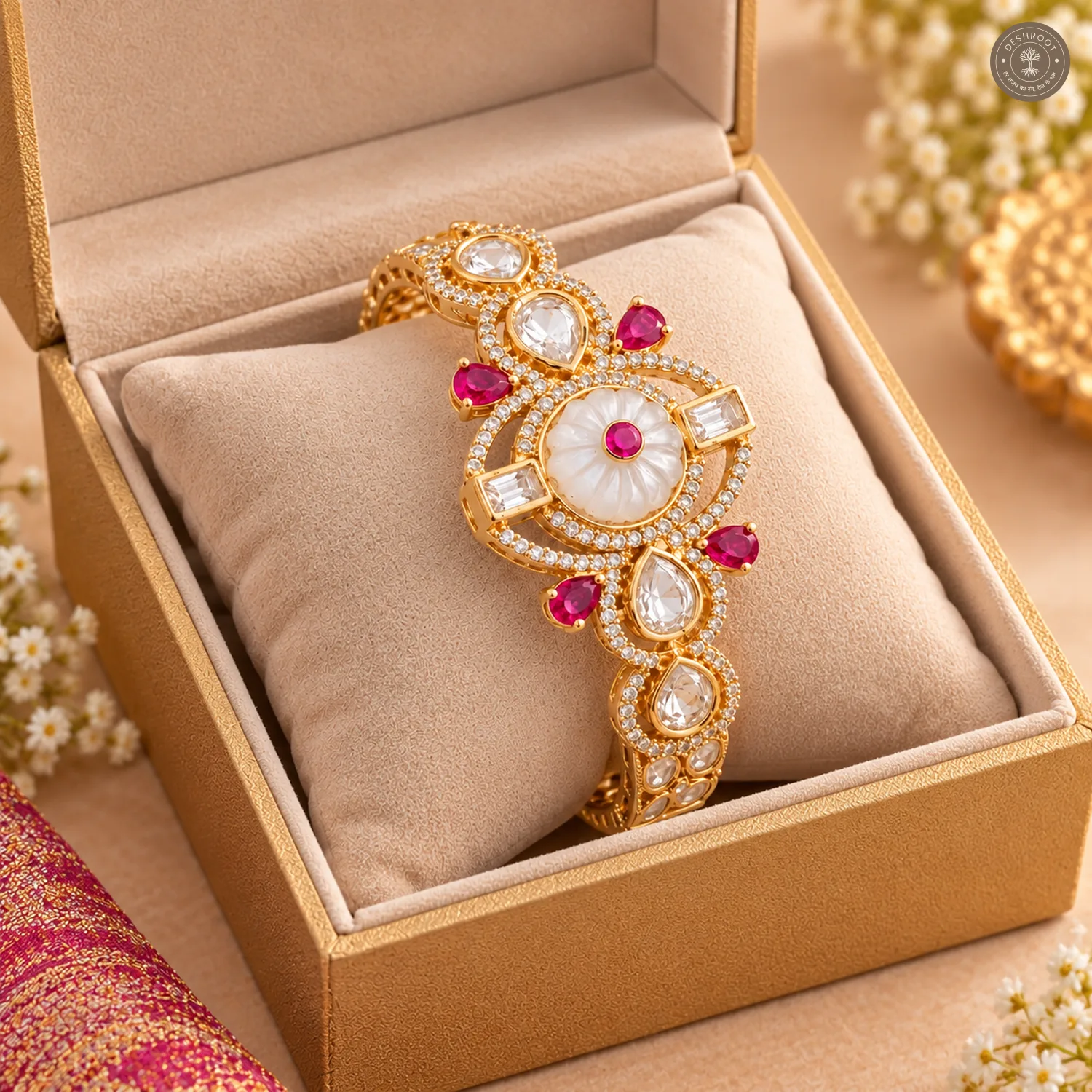 Carved White Floral Pink Pear Stone Gold-Tone Kada Bracelet