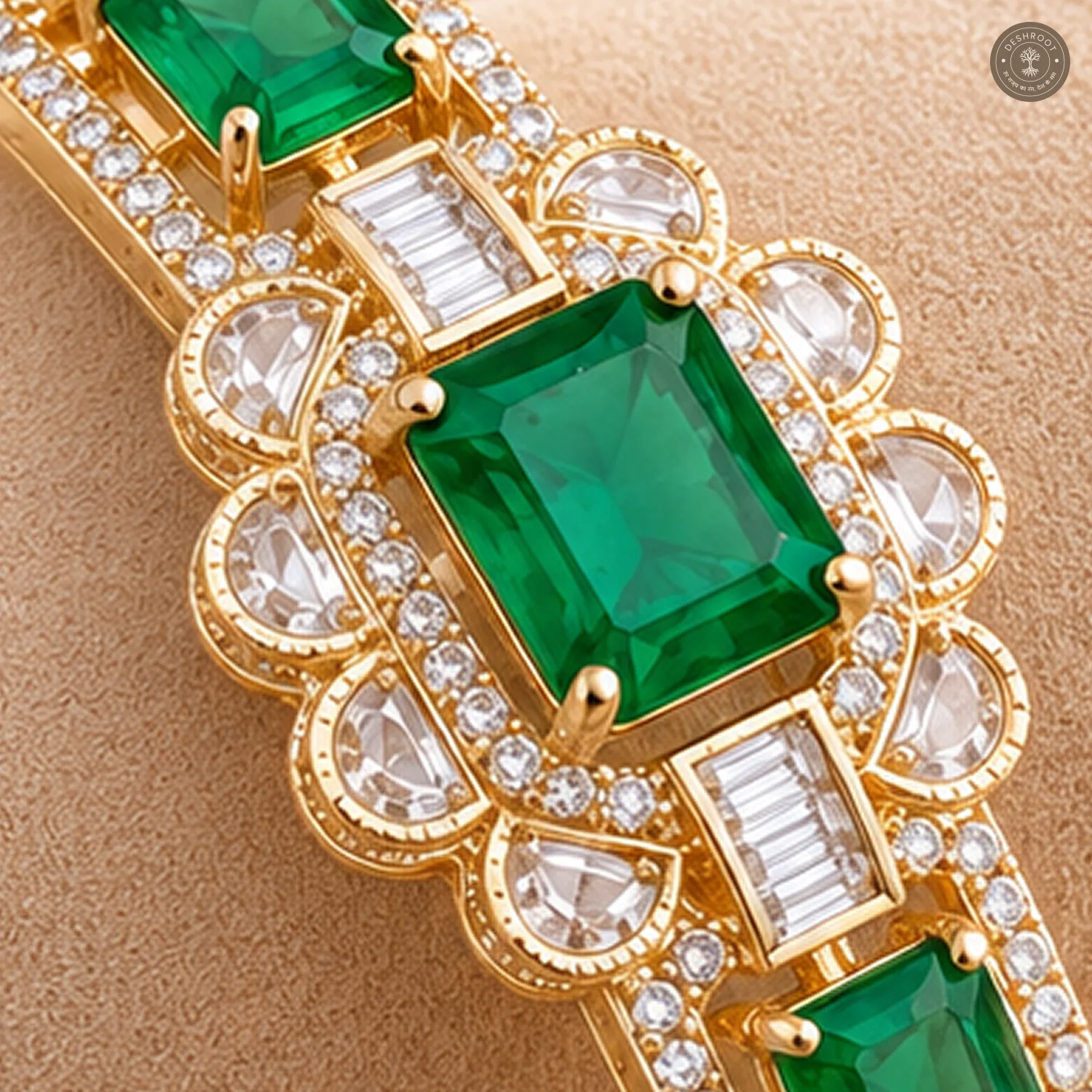 Emerald-Cut Triple Stone Scalloped Frame Gold-Tone Kada Bracelet