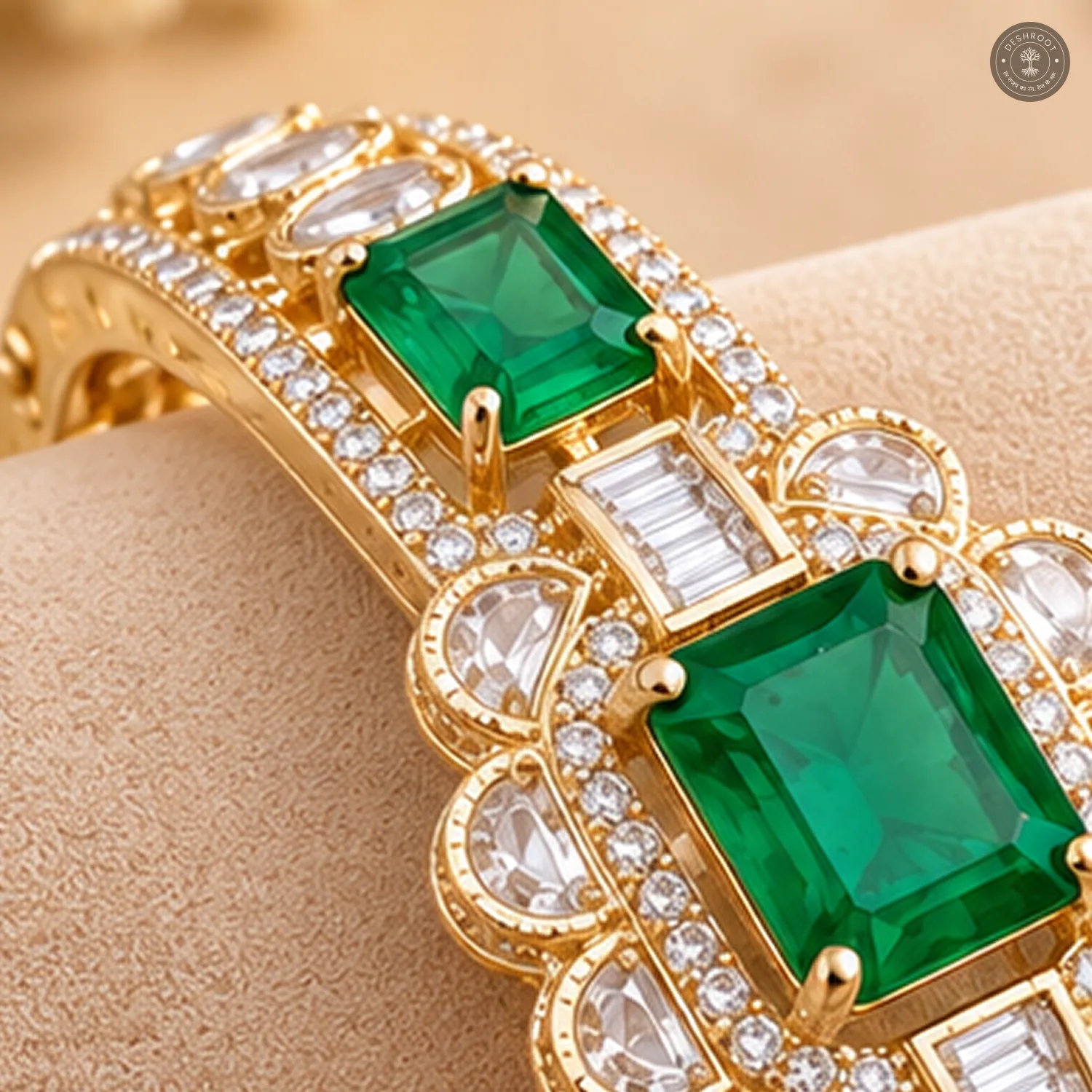 Emerald-Cut Triple Stone Scalloped Frame Gold-Tone Kada Bracelet