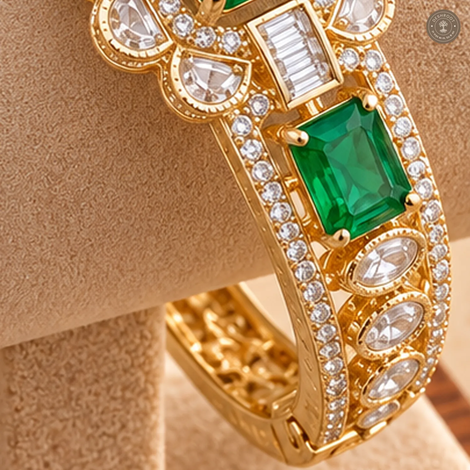Emerald-Cut Triple Stone Scalloped Frame Gold-Tone Kada Bracelet