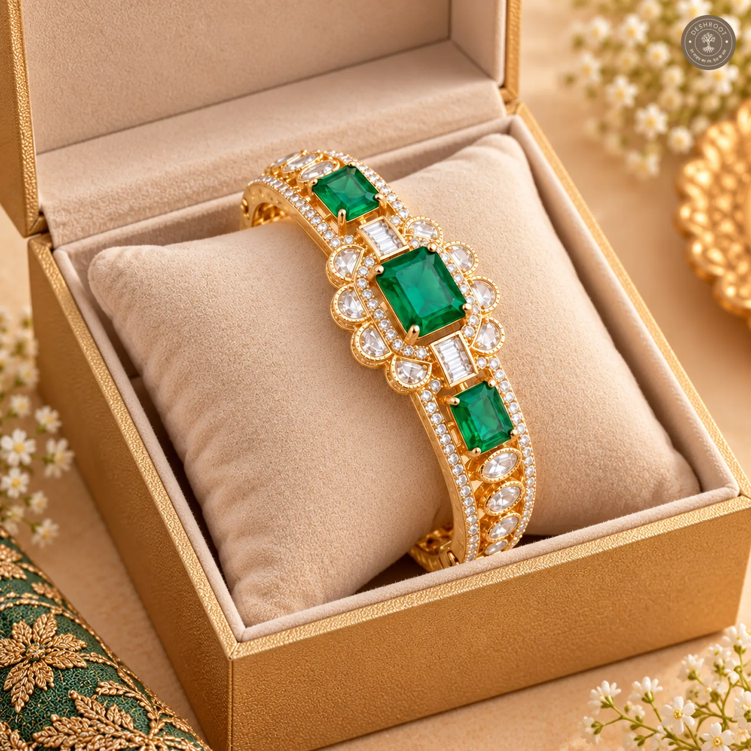 Emerald-Cut Triple Stone Scalloped Frame Gold-Tone Kada Bracelet