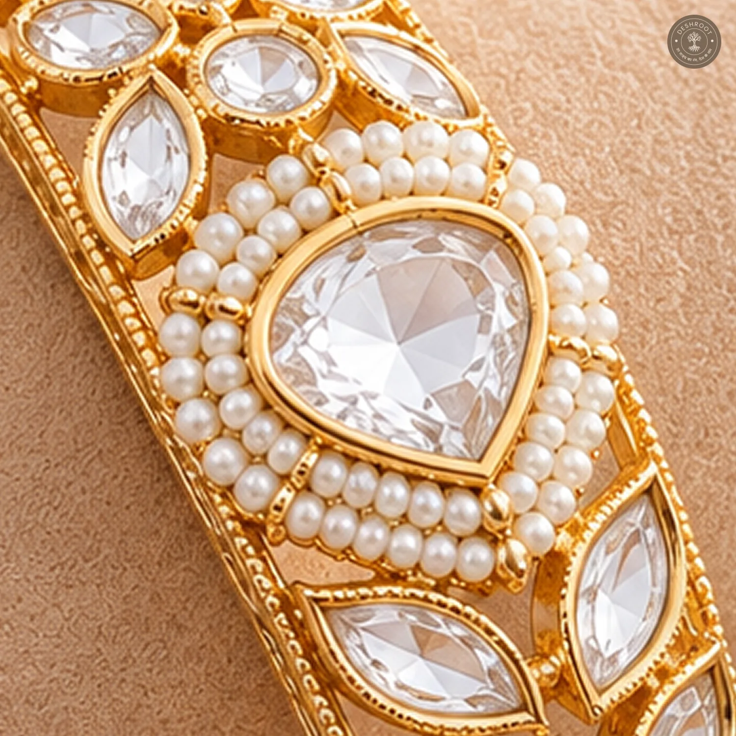 Pearl Halo Pear Stone Gold-Tone Kada Bracelet