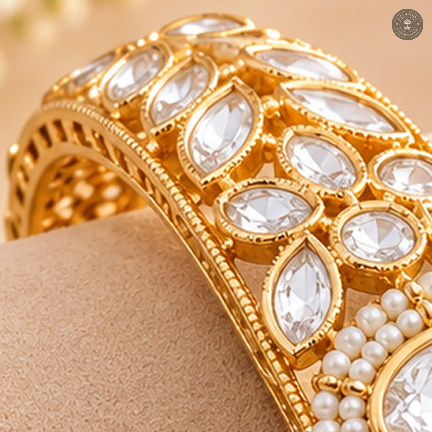 Pearl Halo Pear Stone Gold-Tone Kada Bracelet
