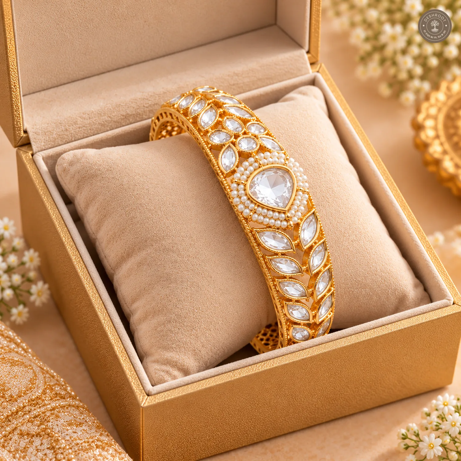 Pearl Halo Pear Stone Gold-Tone Kada Bracelet