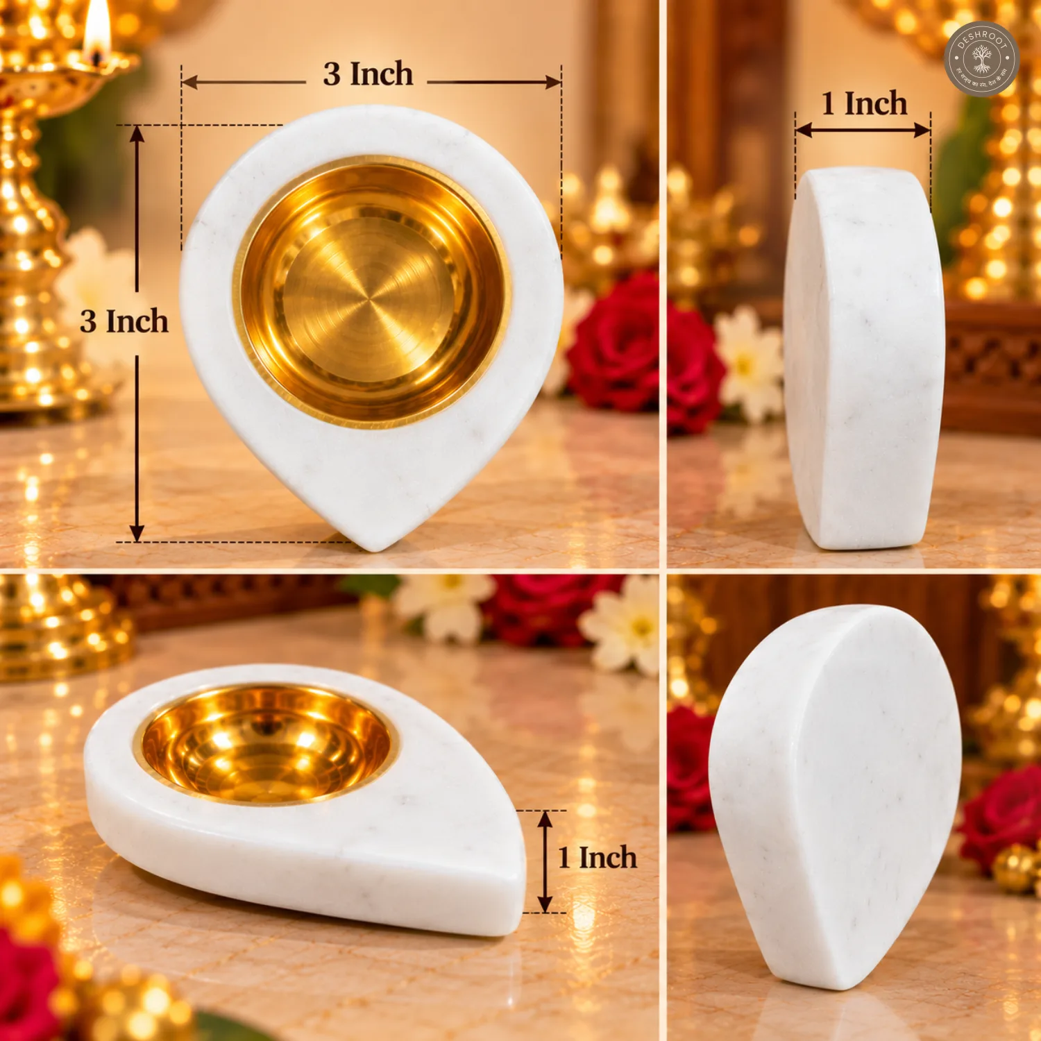 Premium White Marble Diya Holder with Brass Bowl