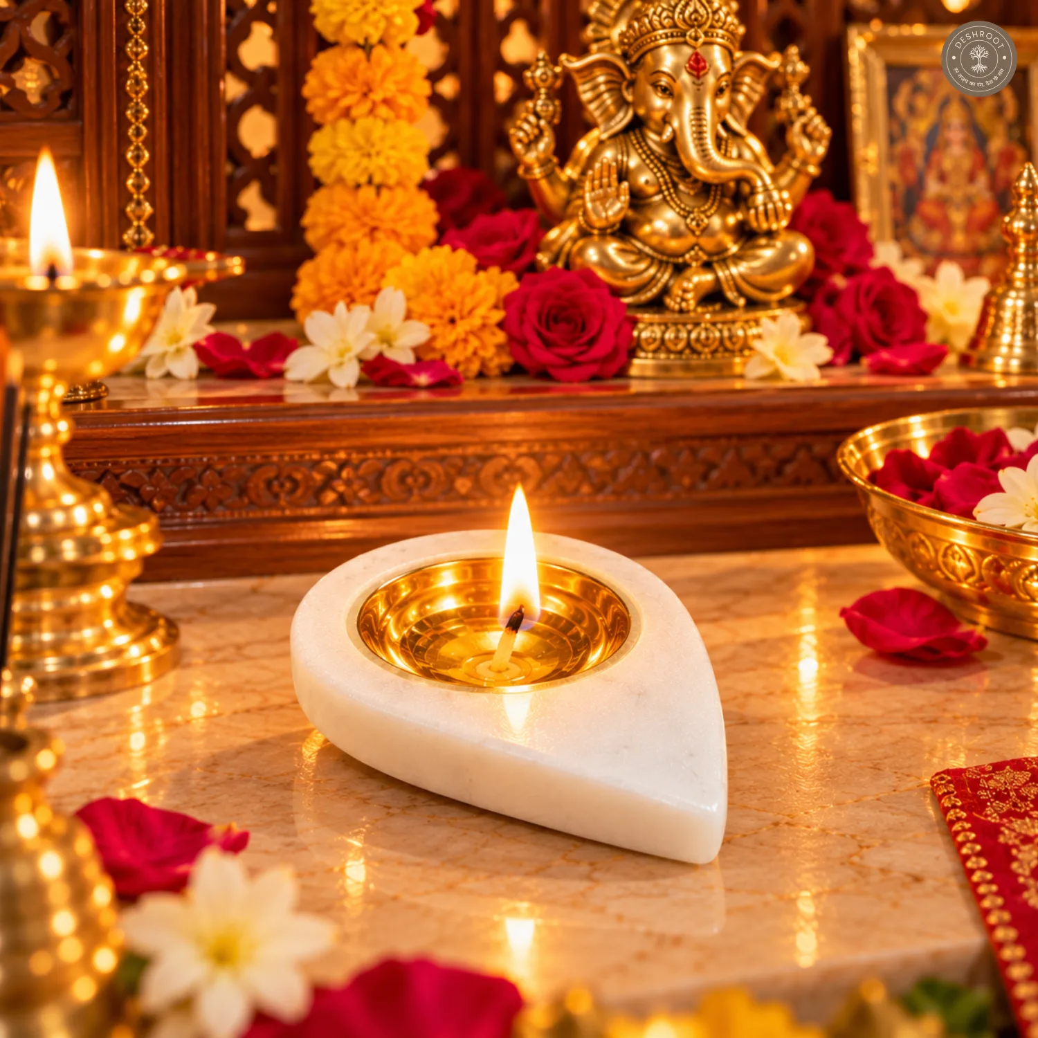 Premium White Marble Diya Holder with Brass Bowl