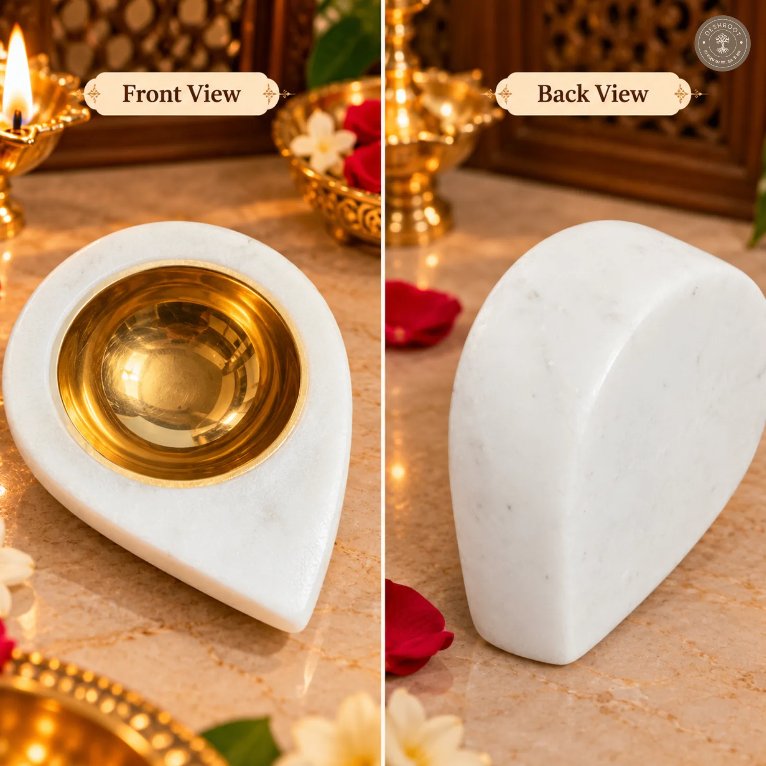 Premium White Marble Diya Holder with Brass Bowl
