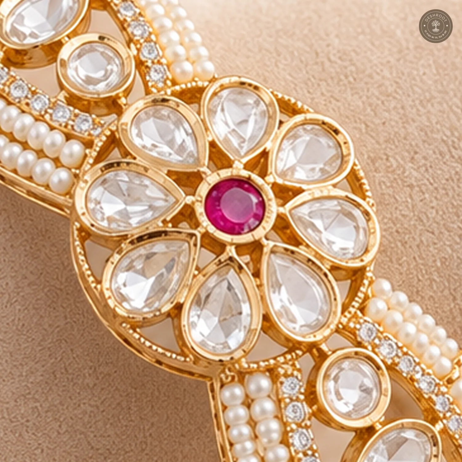 Kundan Petal Flower Layered Pearl Gold-Tone Kada Bracelet