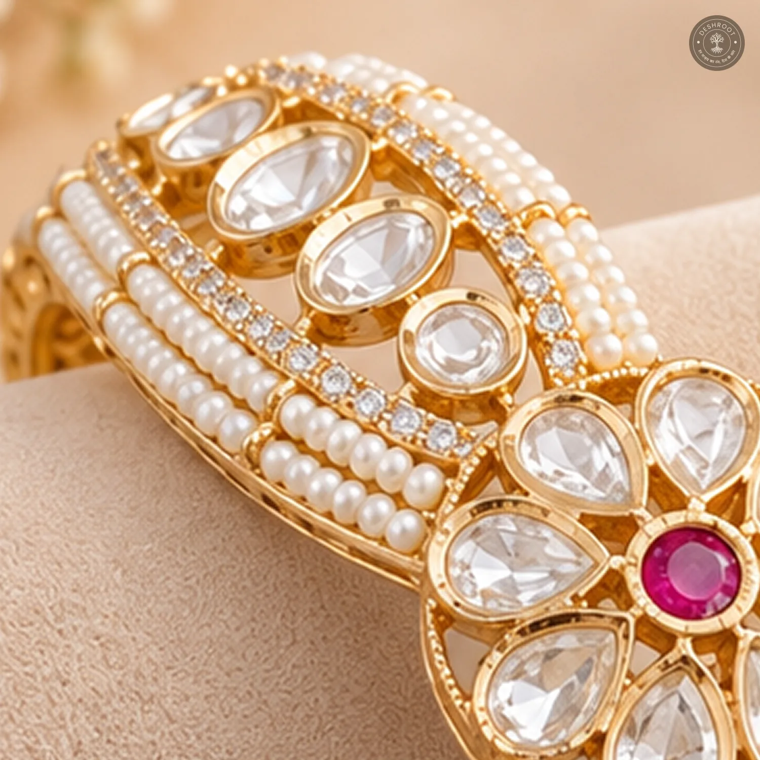 Kundan Petal Flower Layered Pearl Gold-Tone Kada Bracelet