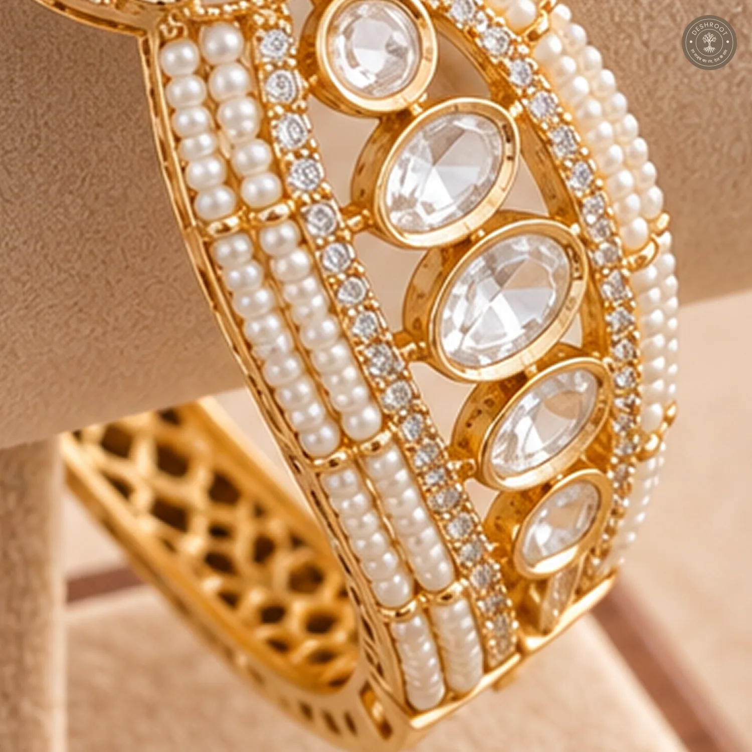 Kundan Petal Flower Layered Pearl Gold-Tone Kada Bracelet