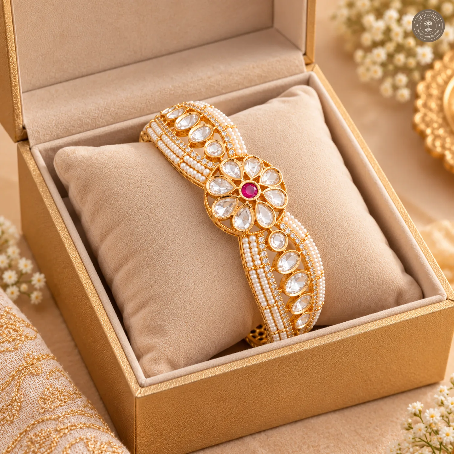 Kundan Petal Flower Layered Pearl Gold-Tone Kada Bracelet